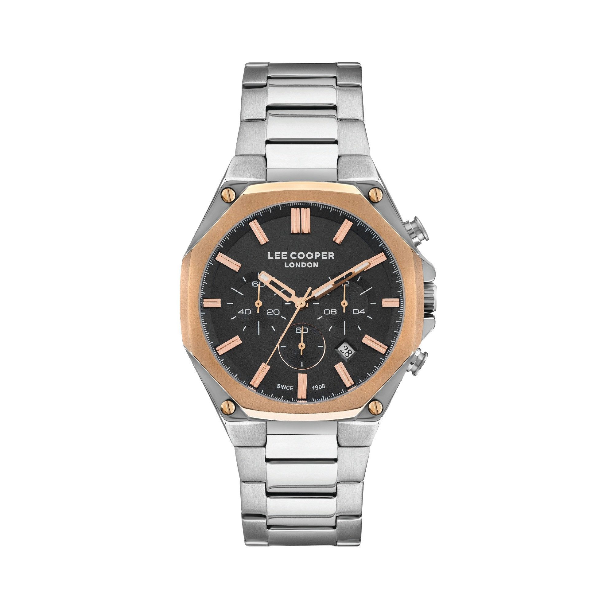 Lee Cooper Multifunktionsuhr Herrenuhr Business mit Metallarmband, 44 mm – Geschenk für Männer schwarzes Zifferblatt, silber-roségold – LC07319.550, Datum, Mineralglas, 5 ATM, inkl. Geschenkbox