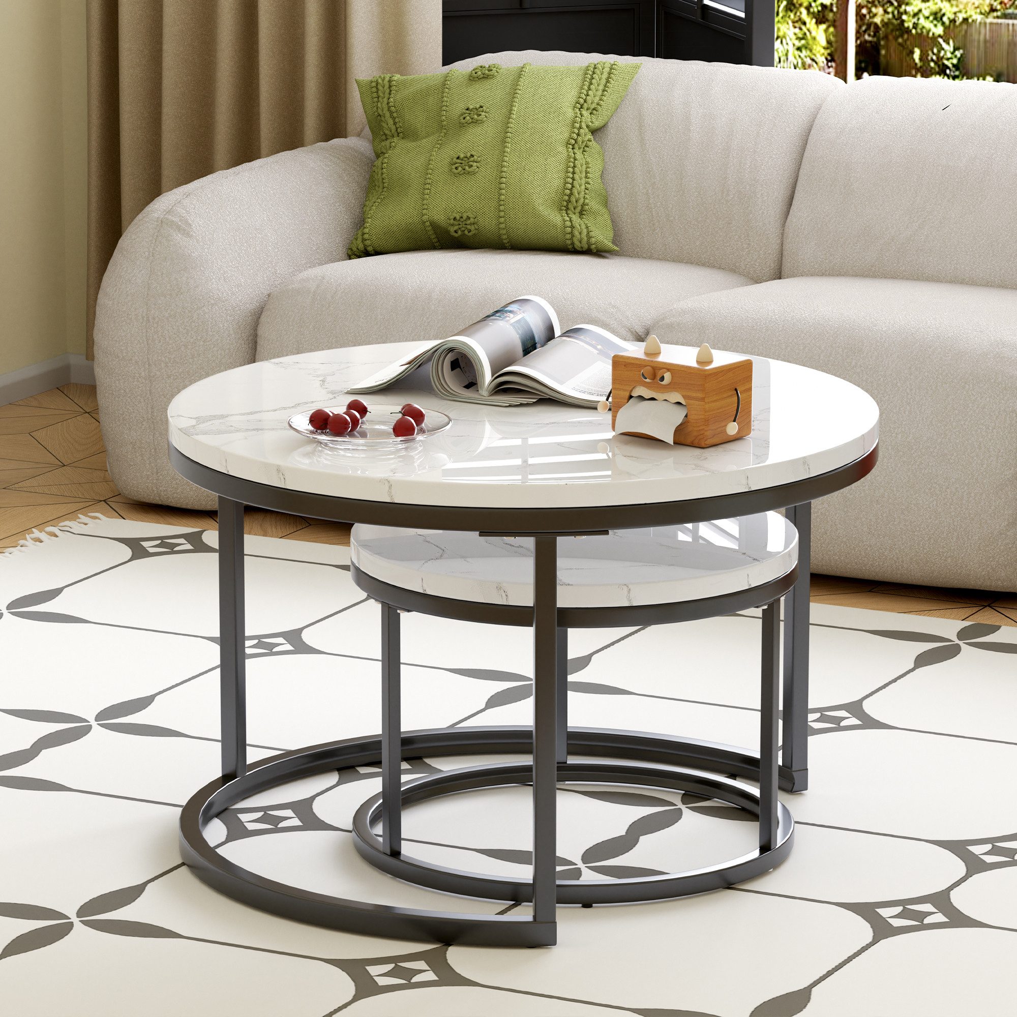 MODFU Couchtisch Set 2-tlg 70x45 / 45x35 cm Marmoroptik schwarz Stahl (Packung, 2-St., Stahlrohrrahmen 100 kg Tragkraft, rutschfest, kratzfeste Oberfläche), Minimalistisches Nesting-Design, flexibel als Couch- und Beistelltisch