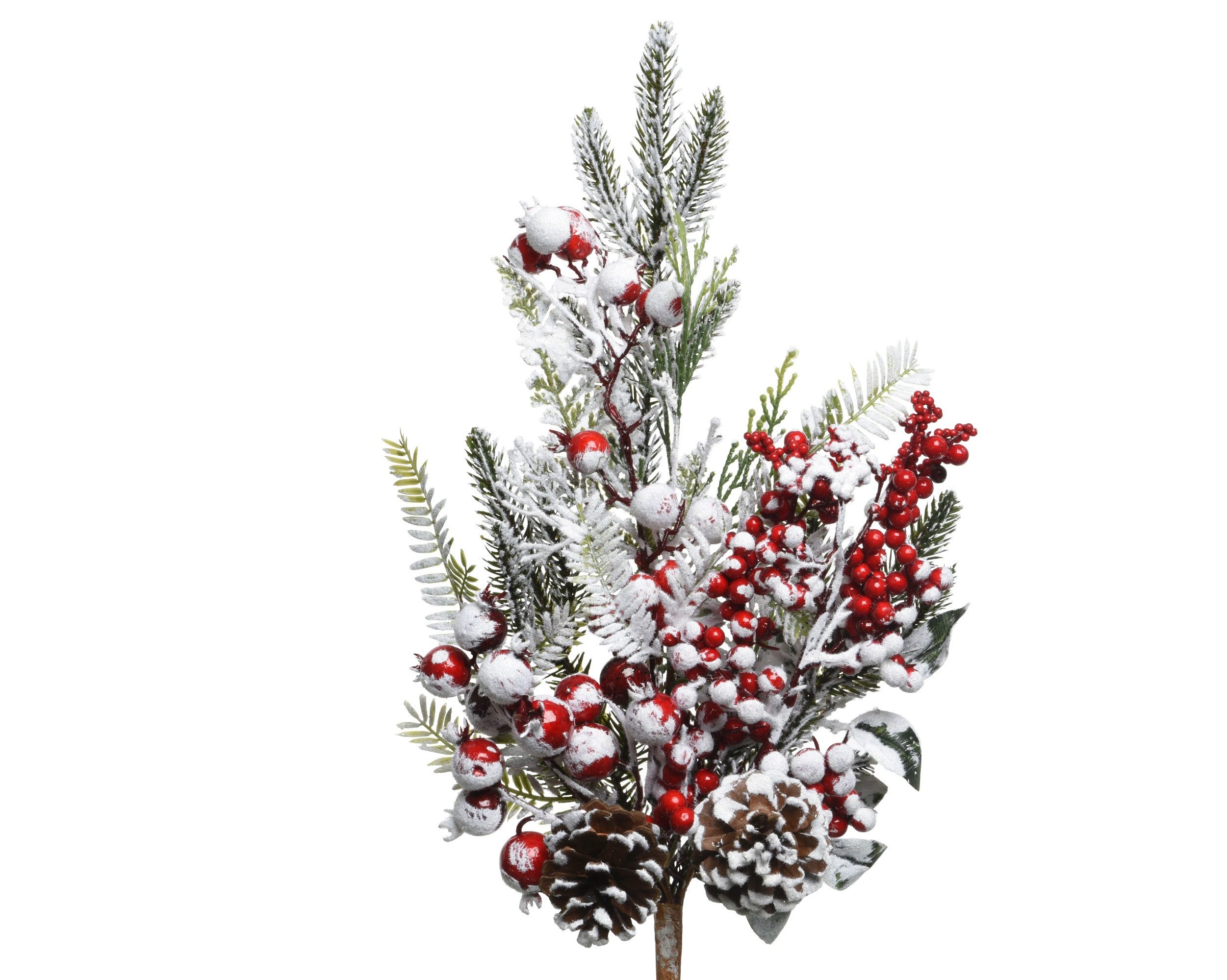 Kunstzweig, Kaemingk, Tannenzweige künstlich 30cm mit roten Beeren und Schnee