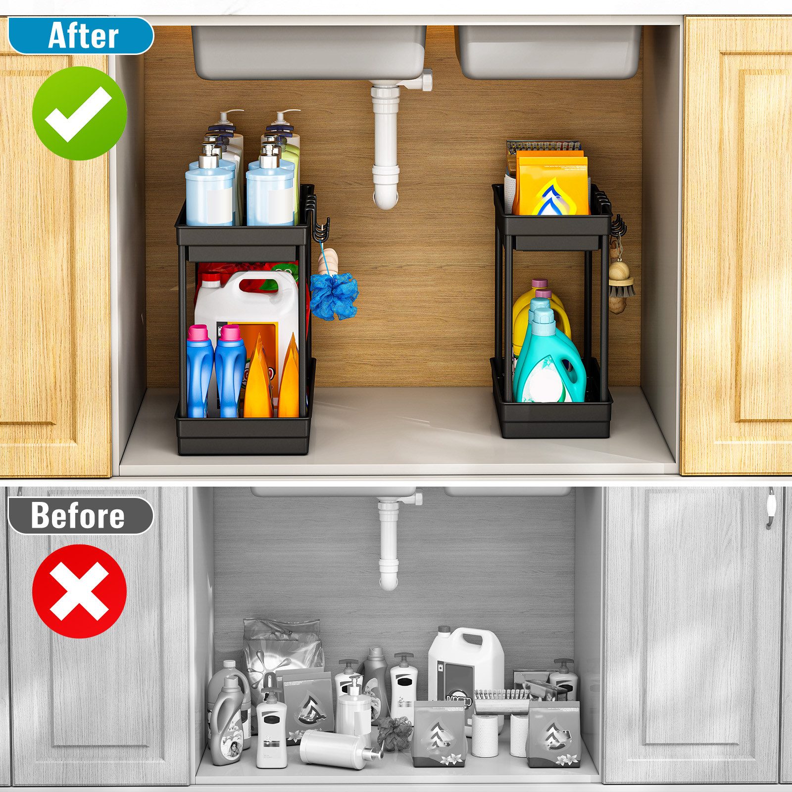 POPOLIC Aufbewahrungsbox Doppelschichtiger Abfluss mit Haken-Aufbewahrungsregal unter der Spüle