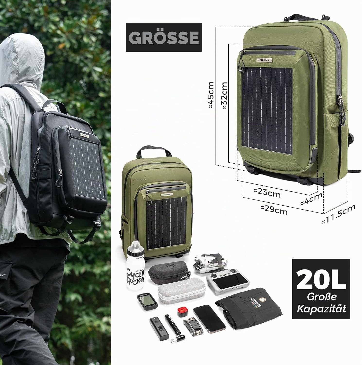 ROCKBROS Fahrradrucksack 20L Solarrucksack mit Solarpanel und USB-Anschluss Schwarz