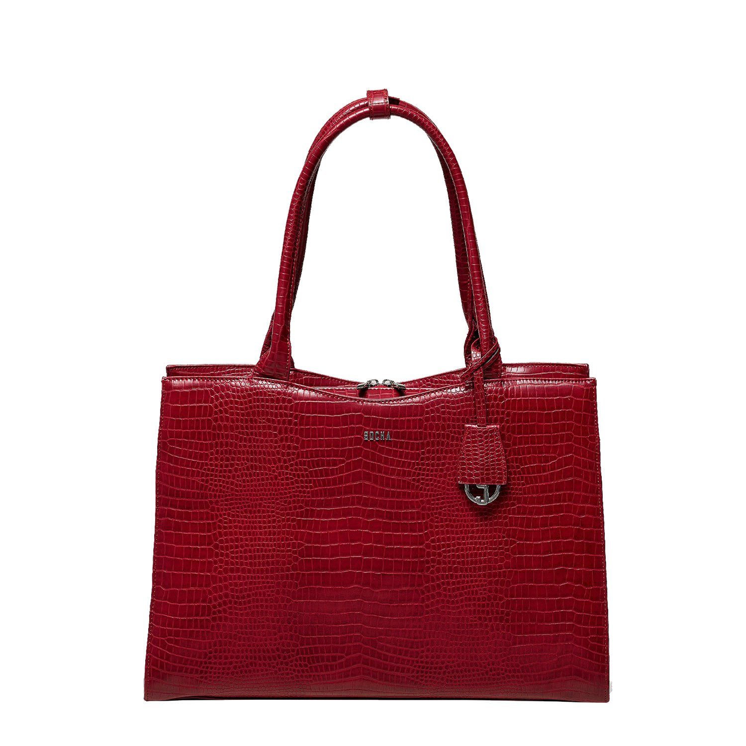 SOCHA Laptoptasche Midi Croco Burgundy 14 Zoll, elegante Krokotasche für Damen - Vollausstattung - Aktentasche mit Schultergurt