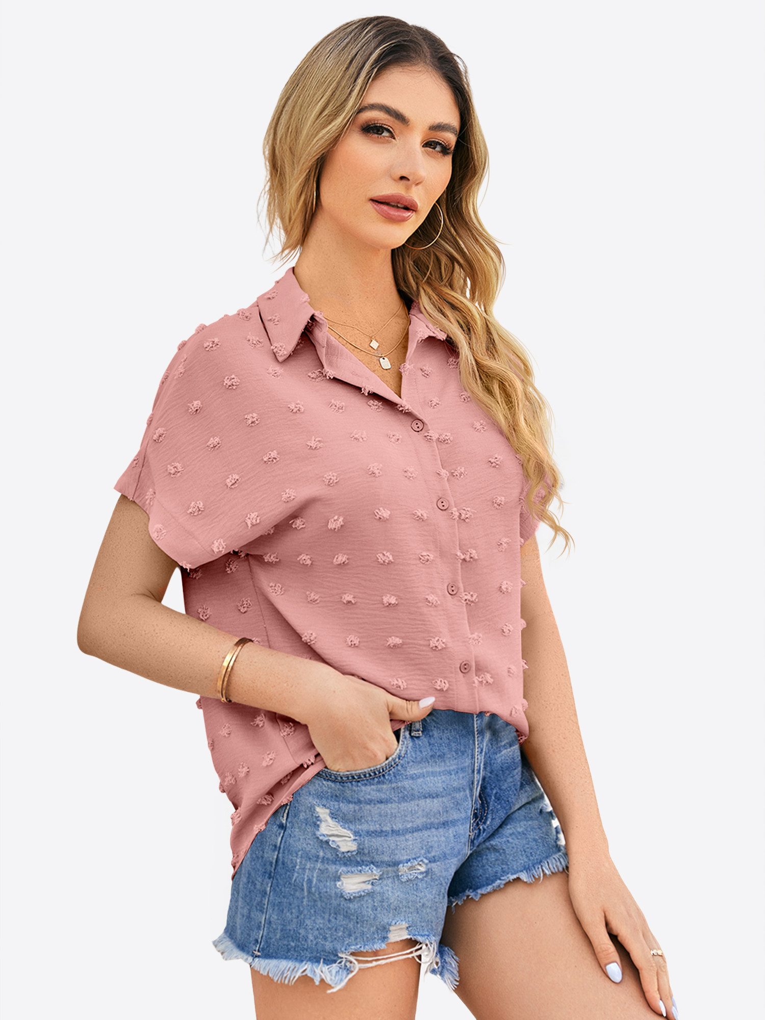 Imily Bela Blusenshirt Damen Kurzarm Casual Oberteil (Packung, 1-tlg., 1per-Pack) mit Textur-Punkten und Hemdkragen – Bild 2 von 5