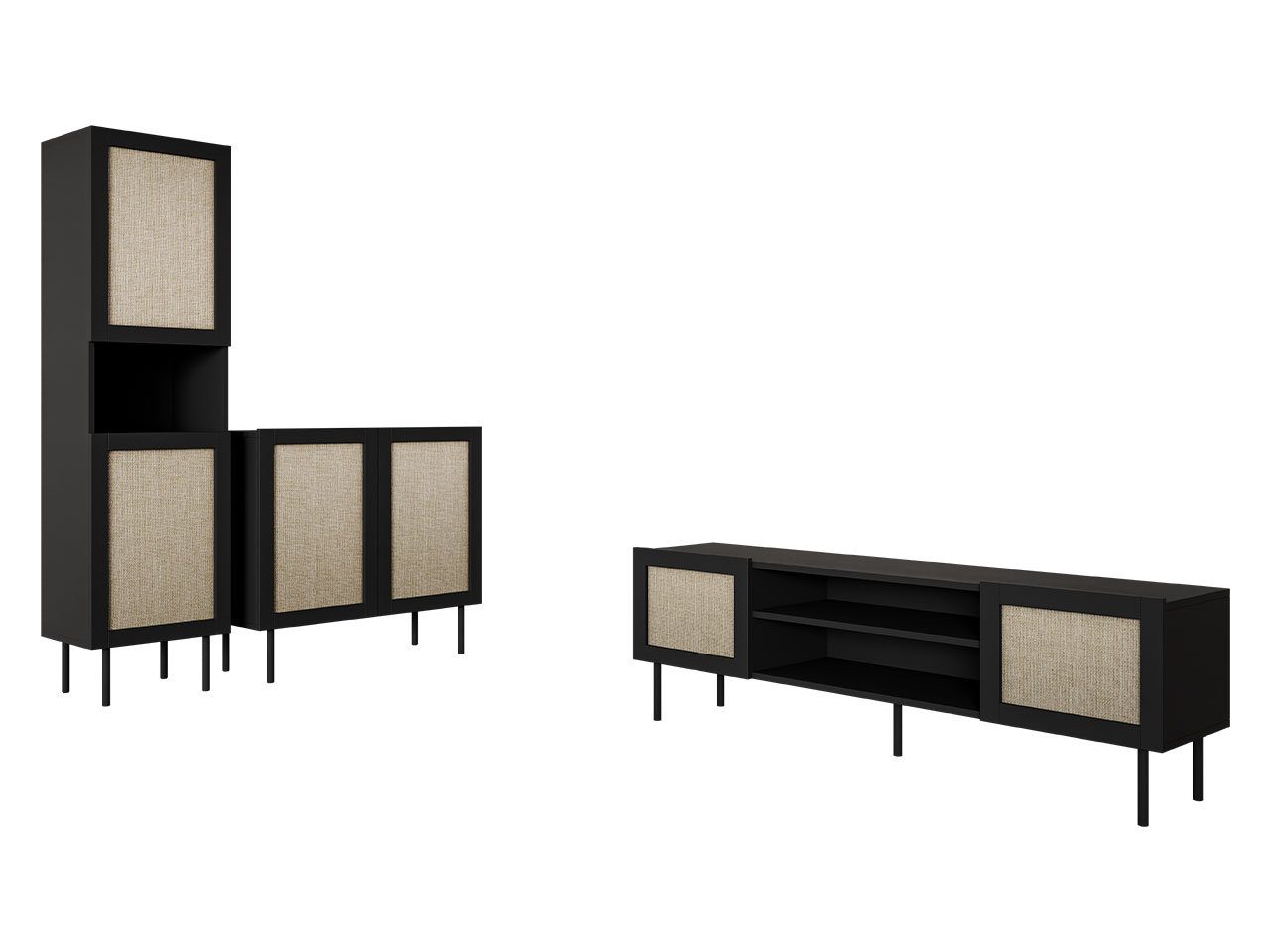 MIRJAN24 Wohnzimmer-Set Juta, TV-Lowboard, Vitrine), Metallfüße (3er-Set, Schwarze Kommode