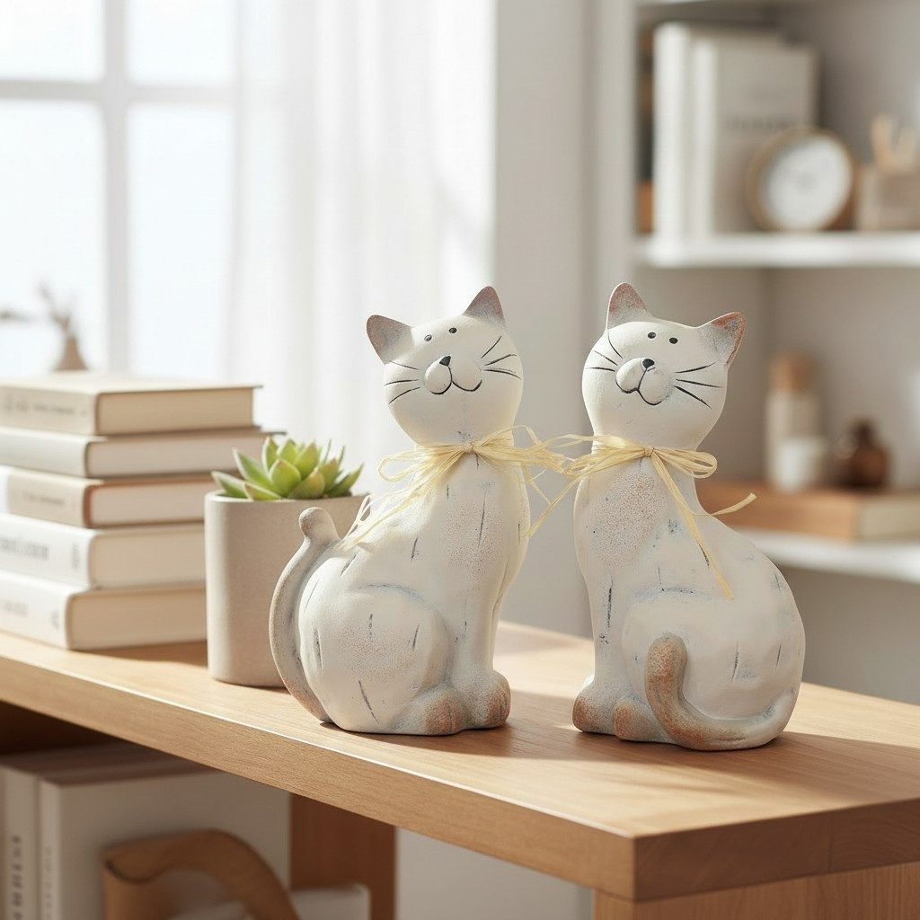 Macosa Home Dekofigur Katze Creme Champagner Keramik 20 cm Figur Dekokatze (2 St., moderne Dekoration & Geschenkidee), Tierfigur Wohnaccessoire für Regal, Tisch – Bild 2 von 4