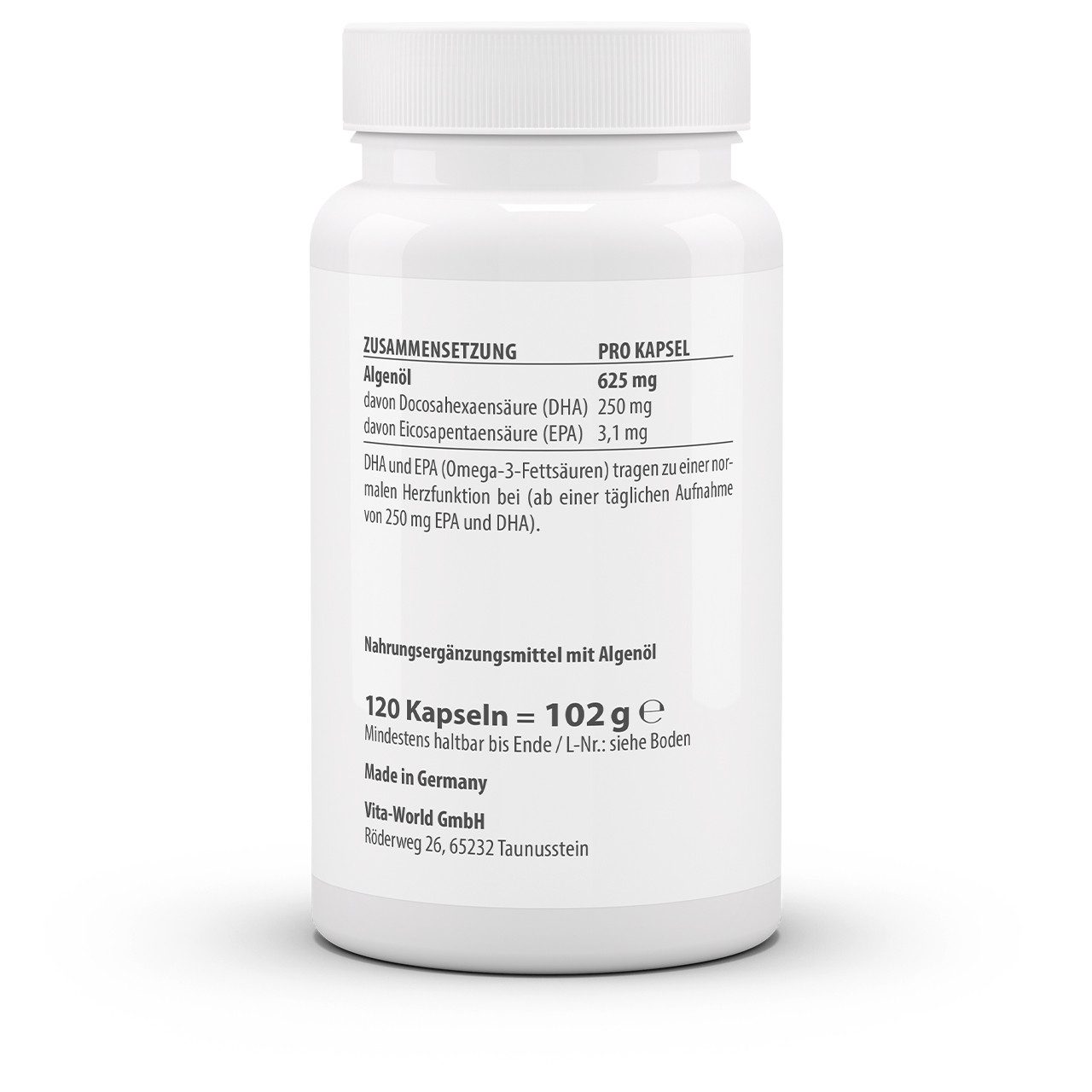 vitaworld Omega 3 vegan - 625 mg Algenöl und 250 mg DHA pro Kapsel Kapseln, 120 St., 102 g