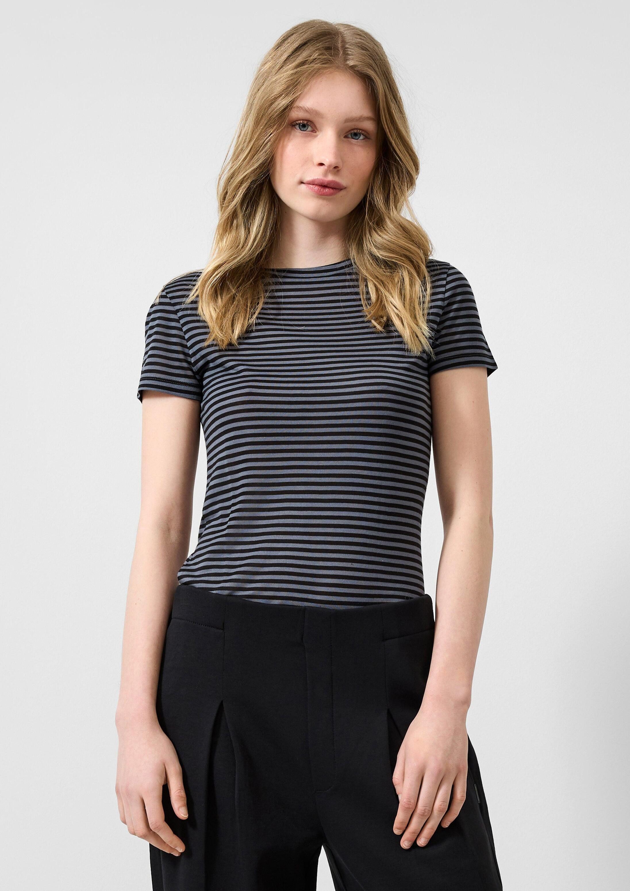 QS Kurzarmshirt T-Shirt Leicht transparentes Ringelshirt