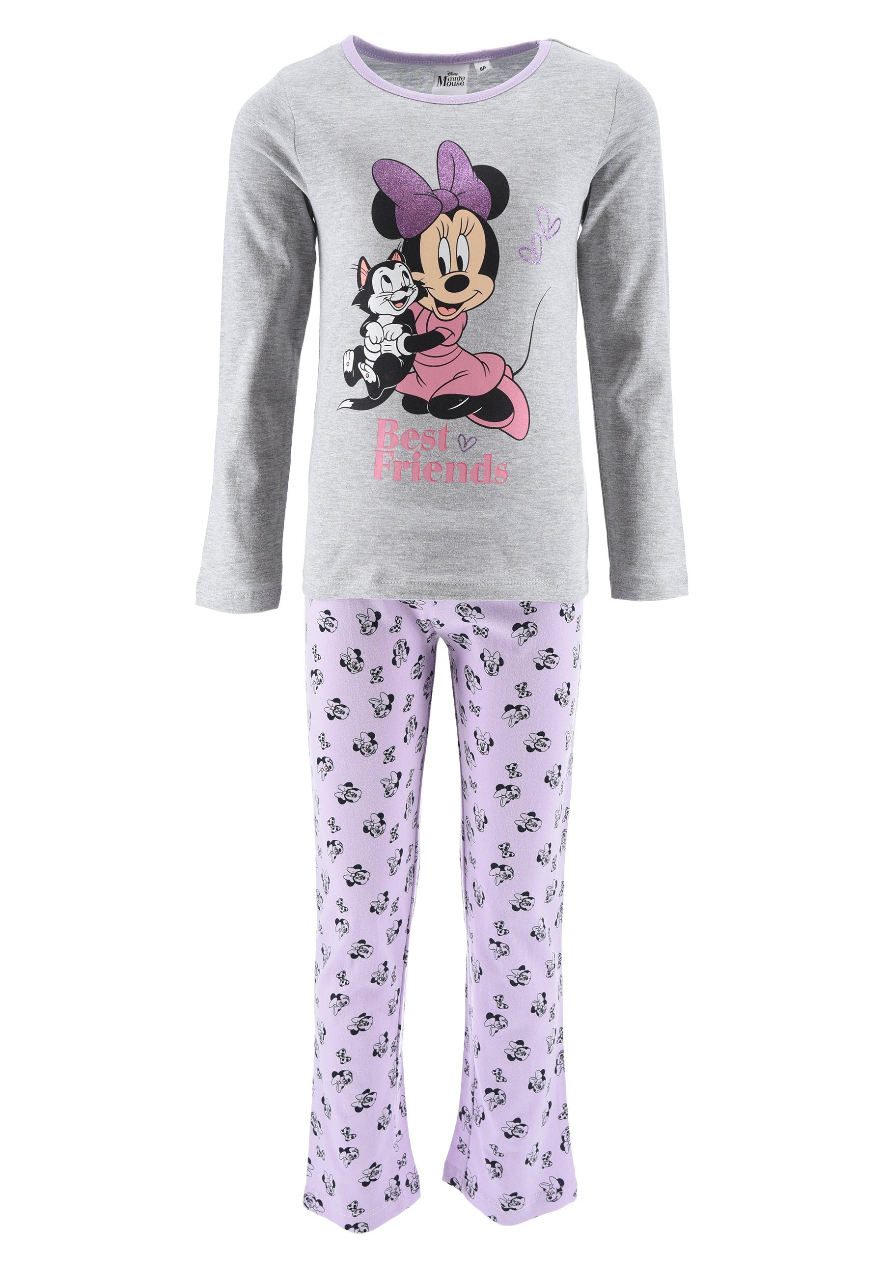 Disney Minnie Mouse Schlafanzug Mädchen Schlafanzug Pyjama Langarm Shirt + Schlaf-Hose (2 tlg) Mini Maus Grau
