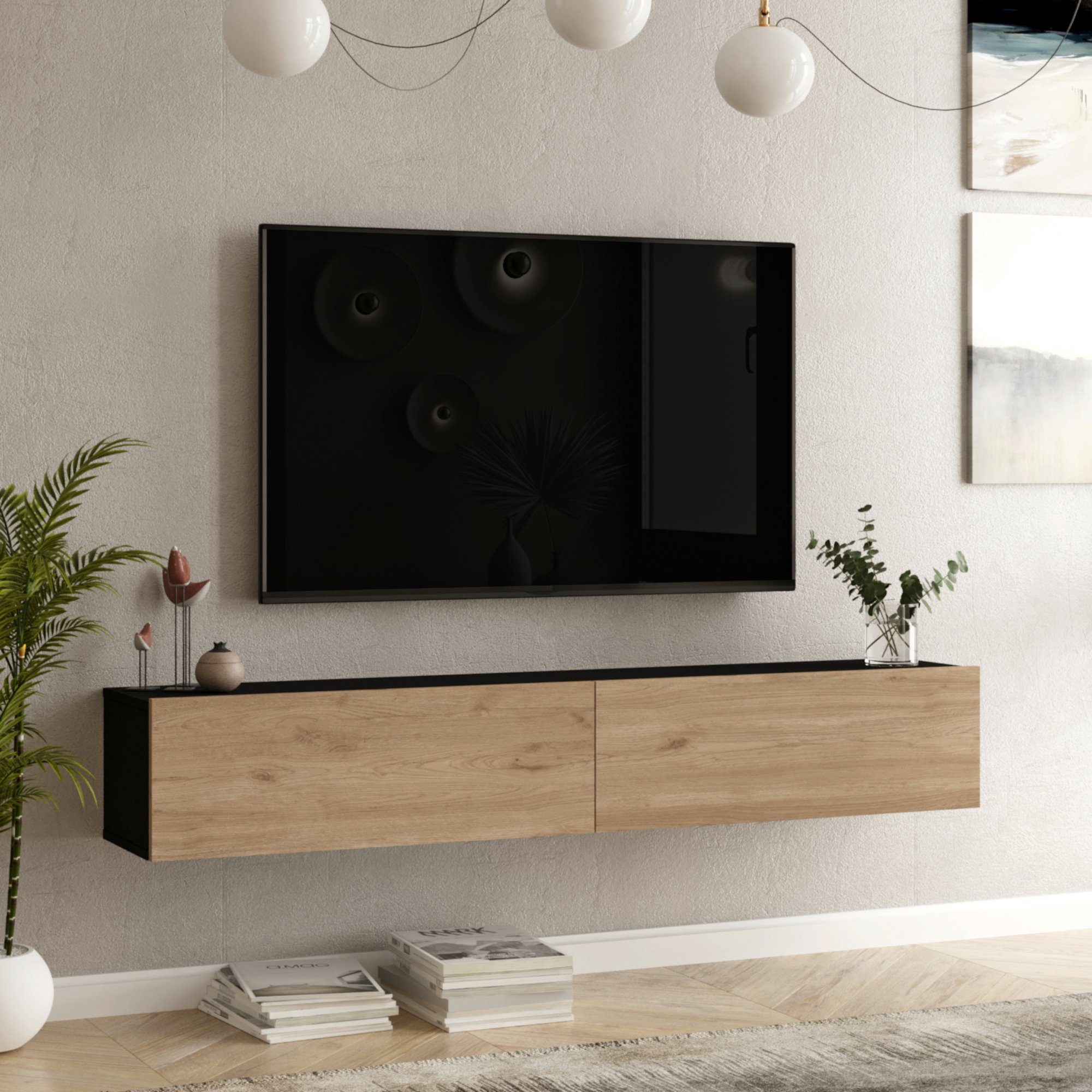 en.casa TV-Schrank »Lapinlahti« 180x31,5x29,5cm Eiche/Schwarz günstig online kaufen