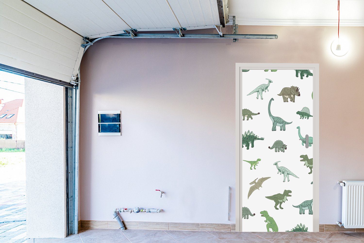 Braun 75x205 (1 - MuchoWow cm bedruckt, Jungen Dinosaurier Matt, Türtapete Grün Fototapete Tür, Kind für Türaufkleber, - - St), - Muster, -