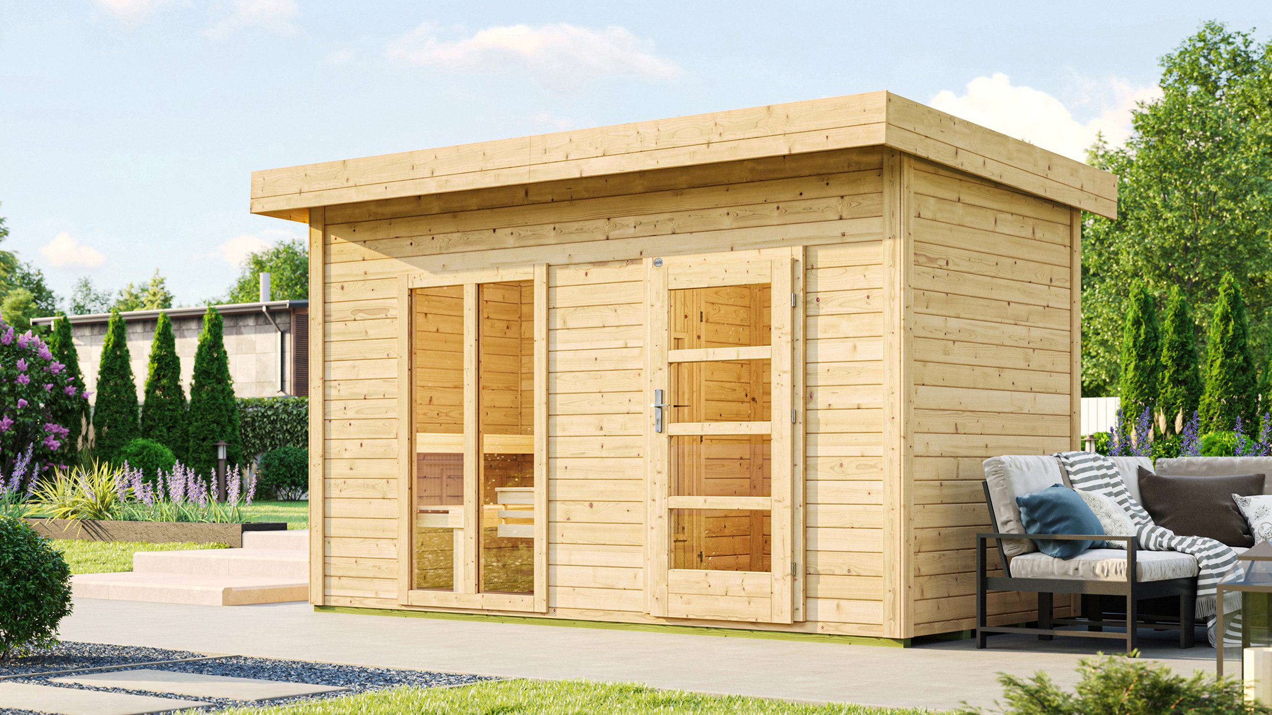 weka Saunahaus FARSUND 2, BxTxH: 415 x 250 x 253 cm, 38 mm, Blockbohlen, langes Fensterelement inDer Front