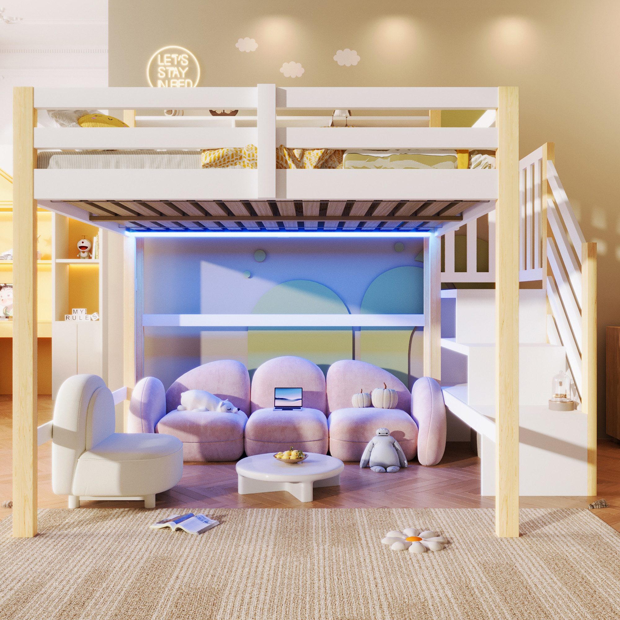 Merax Hochbett mit LED-Beleuchtung (1-St., Massivholz Jugendbett Einzelbett) Kinderbett 140x200cm mit Stauraumtreppe, Lagerregalen & Staufächern