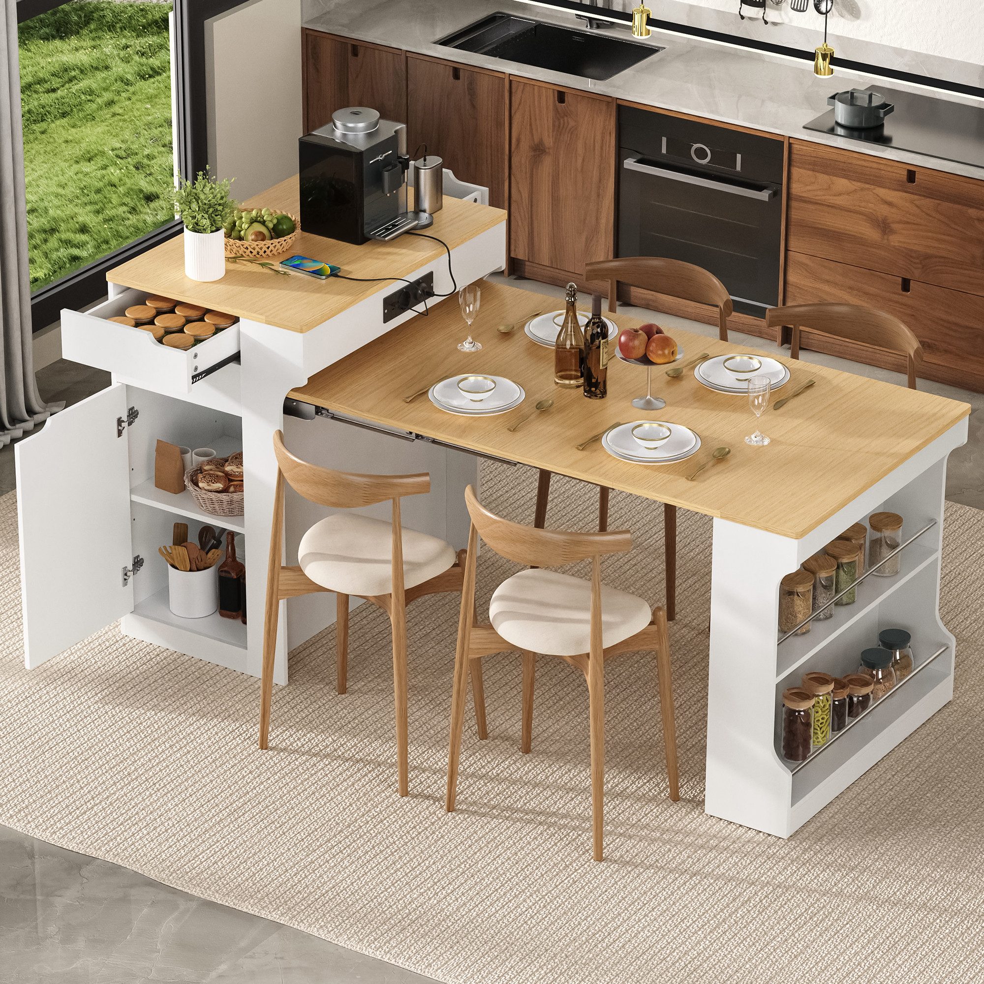 i@home Kücheninsel auf Rollen freistehender mobiler Küchenwagen, ausziehbarem Esstisch, (integrierter Steckdosenleiste, 2 Schubladen), multifunktional als Sideboard & Anrichte für Küche und Esszimmer