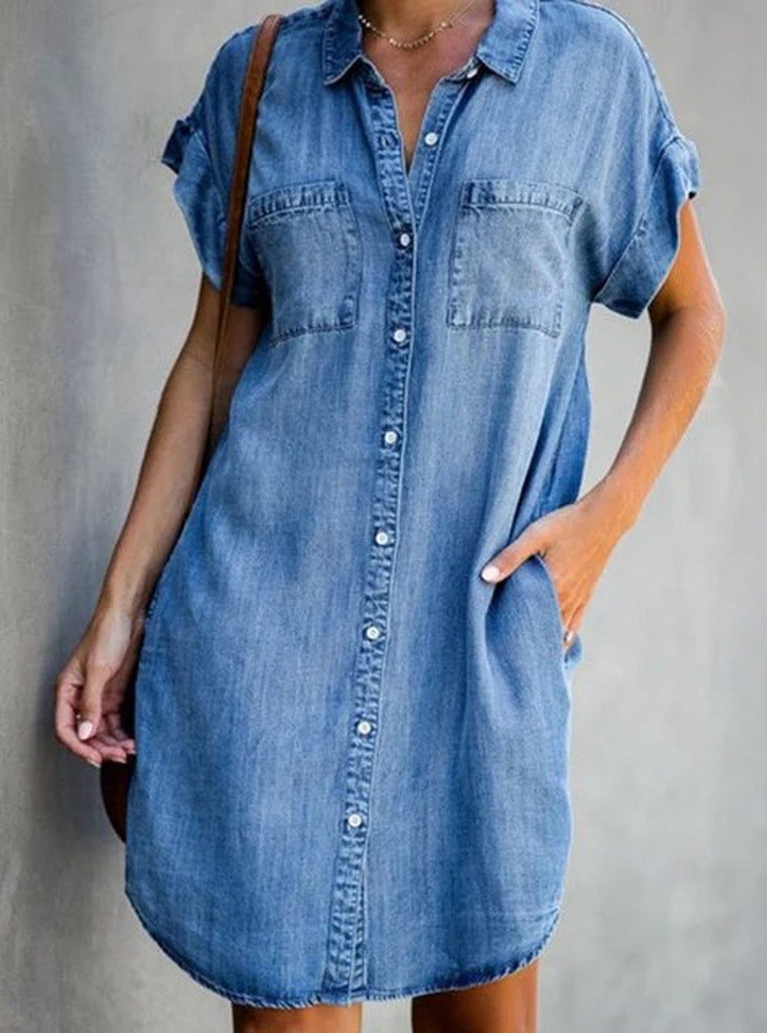 KIKI Jeanskleid Sommerliches Jeanskleid, knielanges A-Linien-Kleid mit V-Ausschnitt