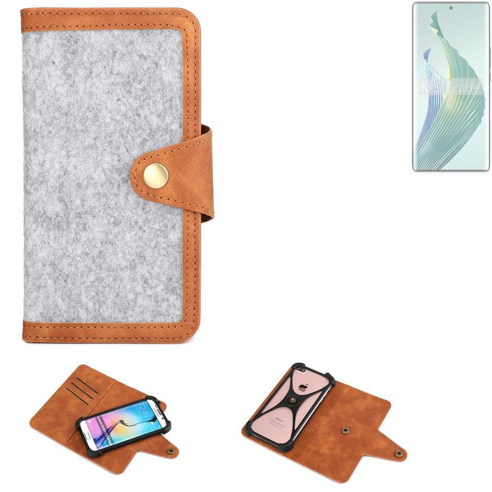 K-S-Trade Handyhülle für Honor Magic5 Lite 5G, Handyhülle Schutzhülle Filz-Hülle Kunst-Leder hellgrau braun