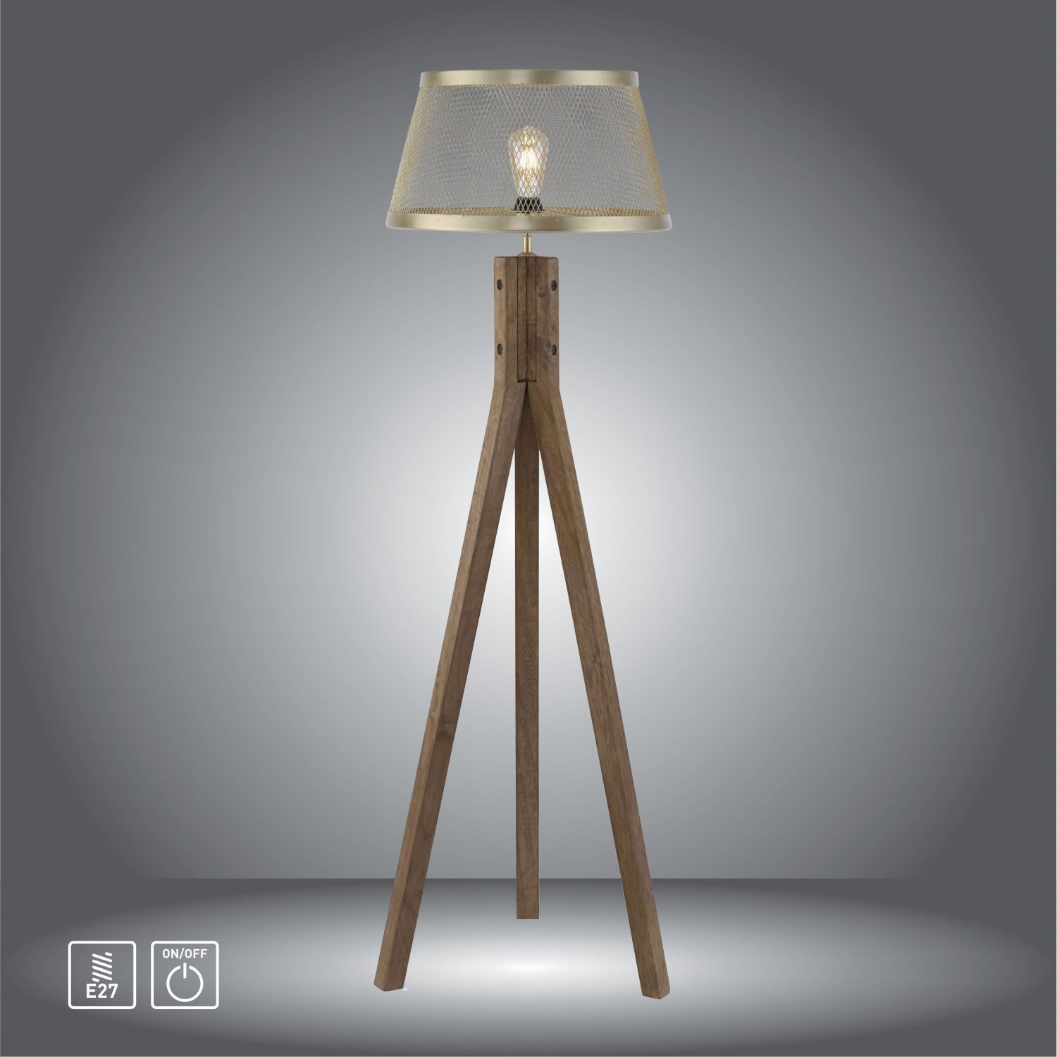 Licht-Erlebnisse Stehlampe TAVLIS, ohne Leuchtmittel, Metall Holz 145 cm Dreibein in Messing Matt E27 rund Vintage Design