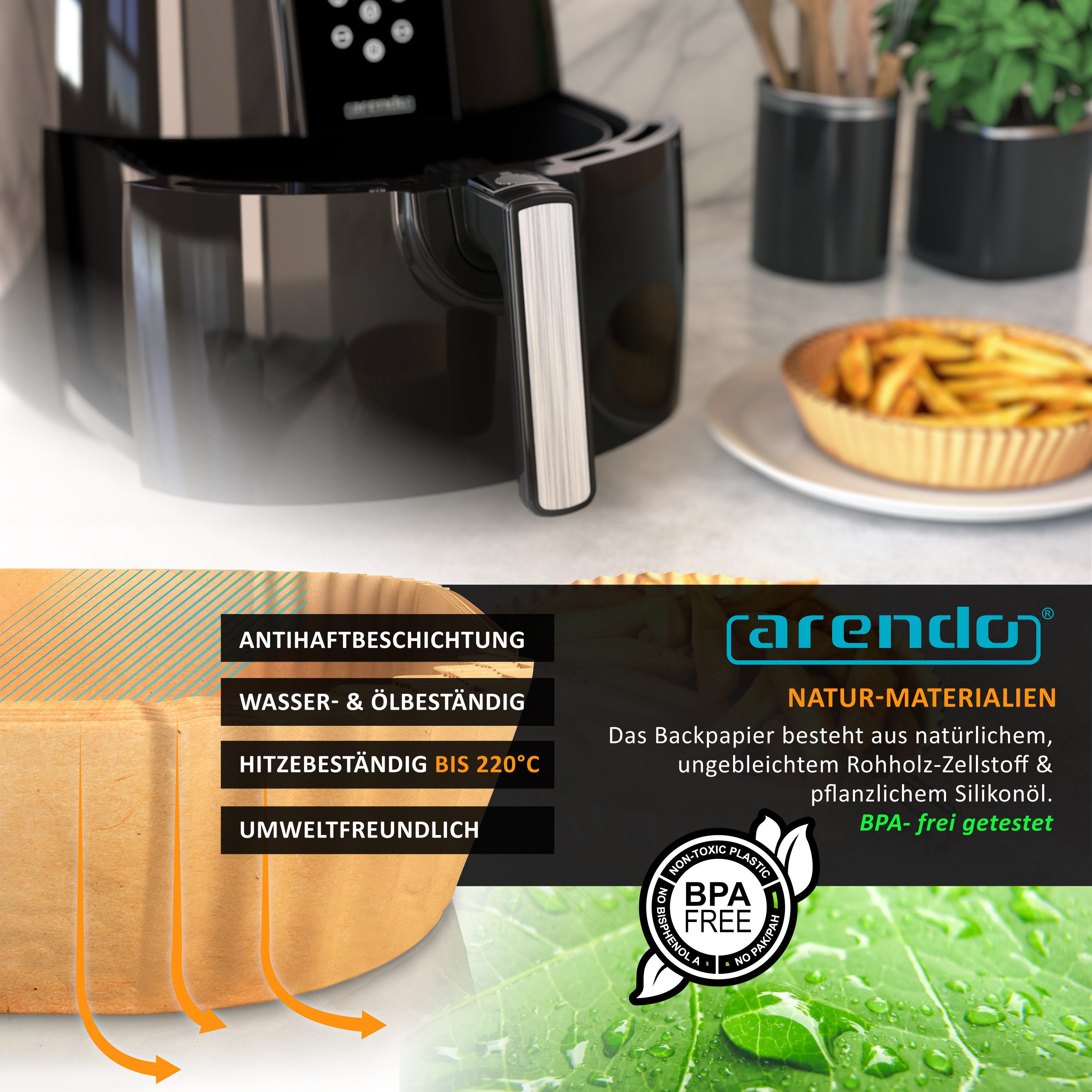 Arendo Backpapier rund für Heißluftfritteuse 4,7 - 7,5 L, 100 St., 20 x 4,5 cm, Antihaft, ungebleicht, wasser & ölbeständig, Airfryer Zubehör, Ofen, Mikrowelle – Bild 4 von 5