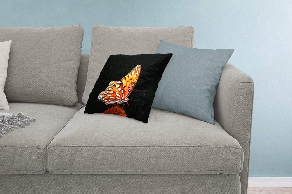 Deko, Dekokissen - Zierkissen - Schmetterling MuchoWow - mit Wohzimmer, Füllung - Schlafzimmer, Insekt Sofakissen - Porträt für Blumen Orange, Schwarz
