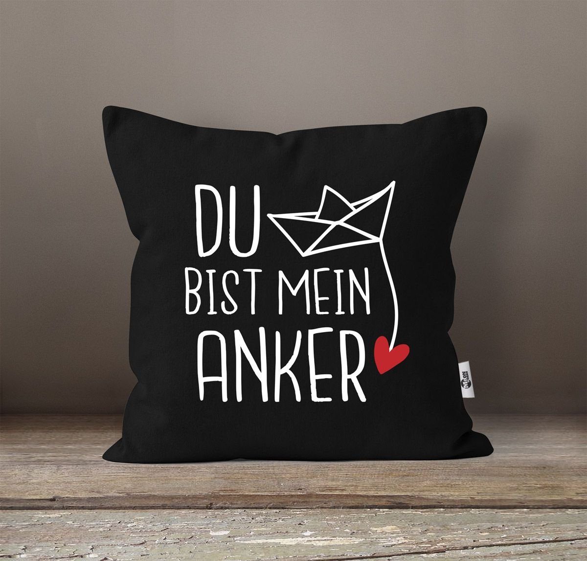 MoonWorks Dekokissen Kissen-Bezug Spruch Geschenk bist MoonWorks® du Mann Freundin mein Frau Freund Origami Print schwarz Liebe Valentinstag Anker Papierschiffchen