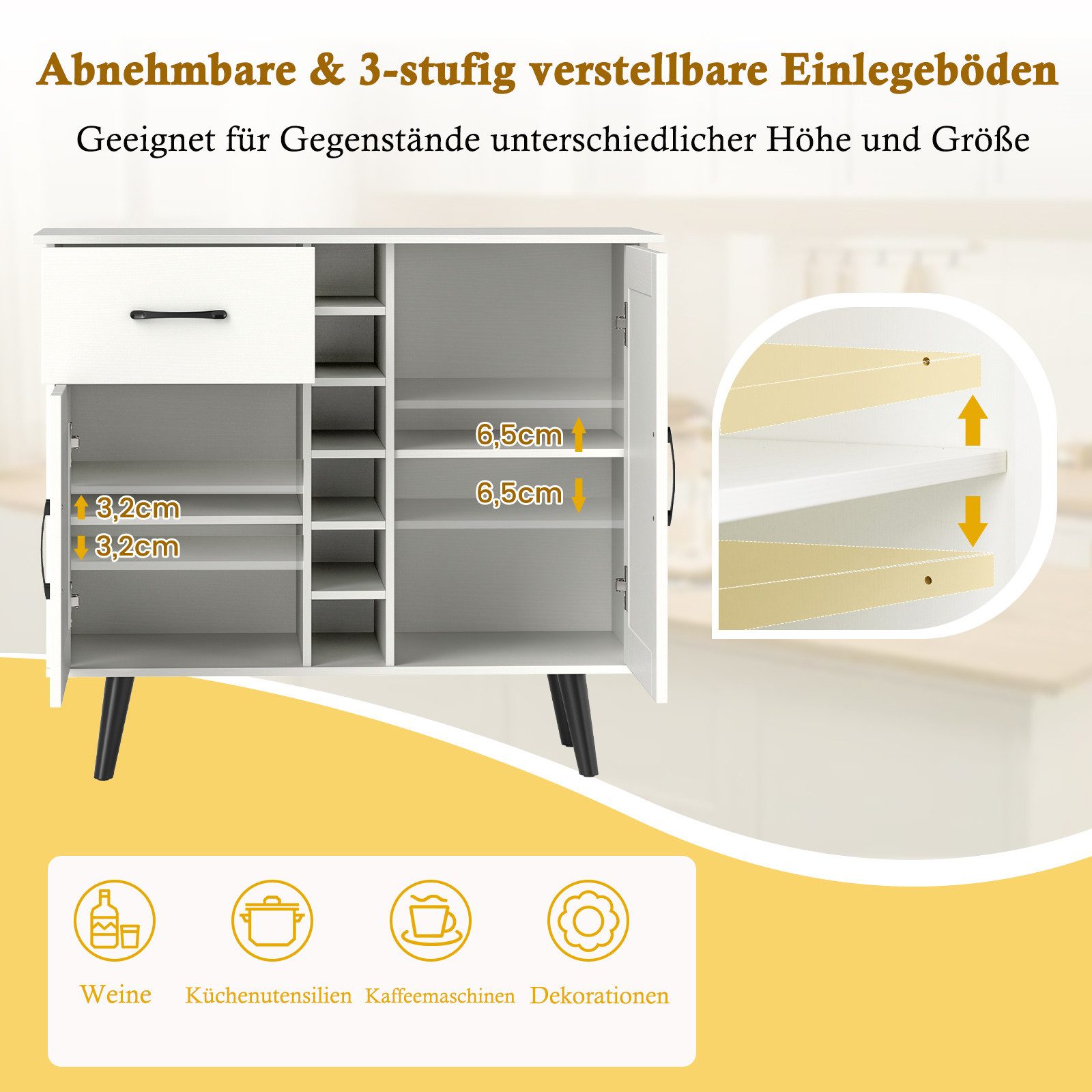 COSTWAY Weinschrank Buffetschrank mit 6-Flaschen Weinregal, verstellbare Regal, Weiß – Bild 4 von 5