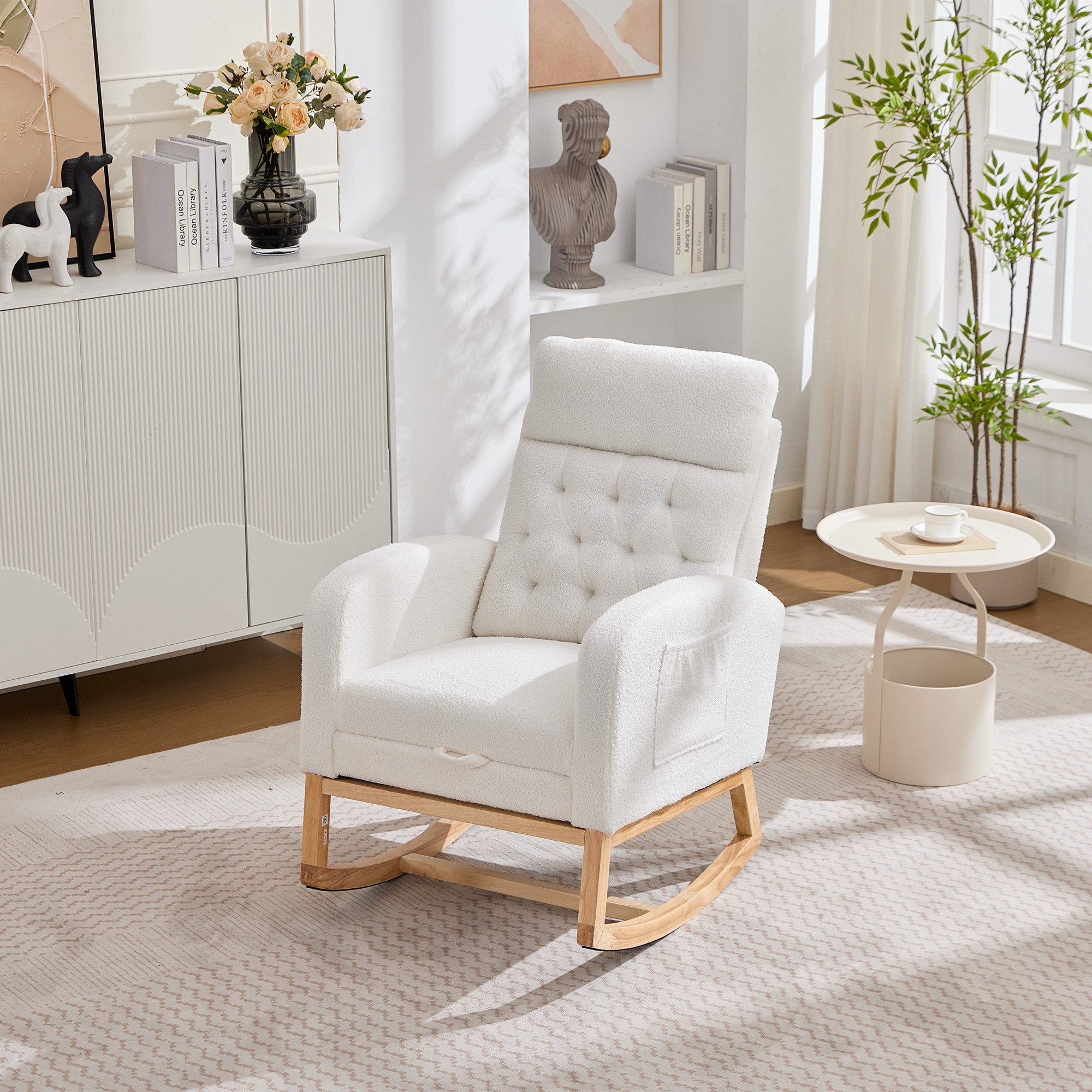 REDOM Schaukelstuhl Moderner Still-Relaxsessel in Weiß mit Teddy-Fleece (Weiß, 65.6×123×102 cm, für Wohnzimmer & Kinderzimmer, 1 St), 2-fach verstellbar, Seitentaschen, weiche Polsterung
