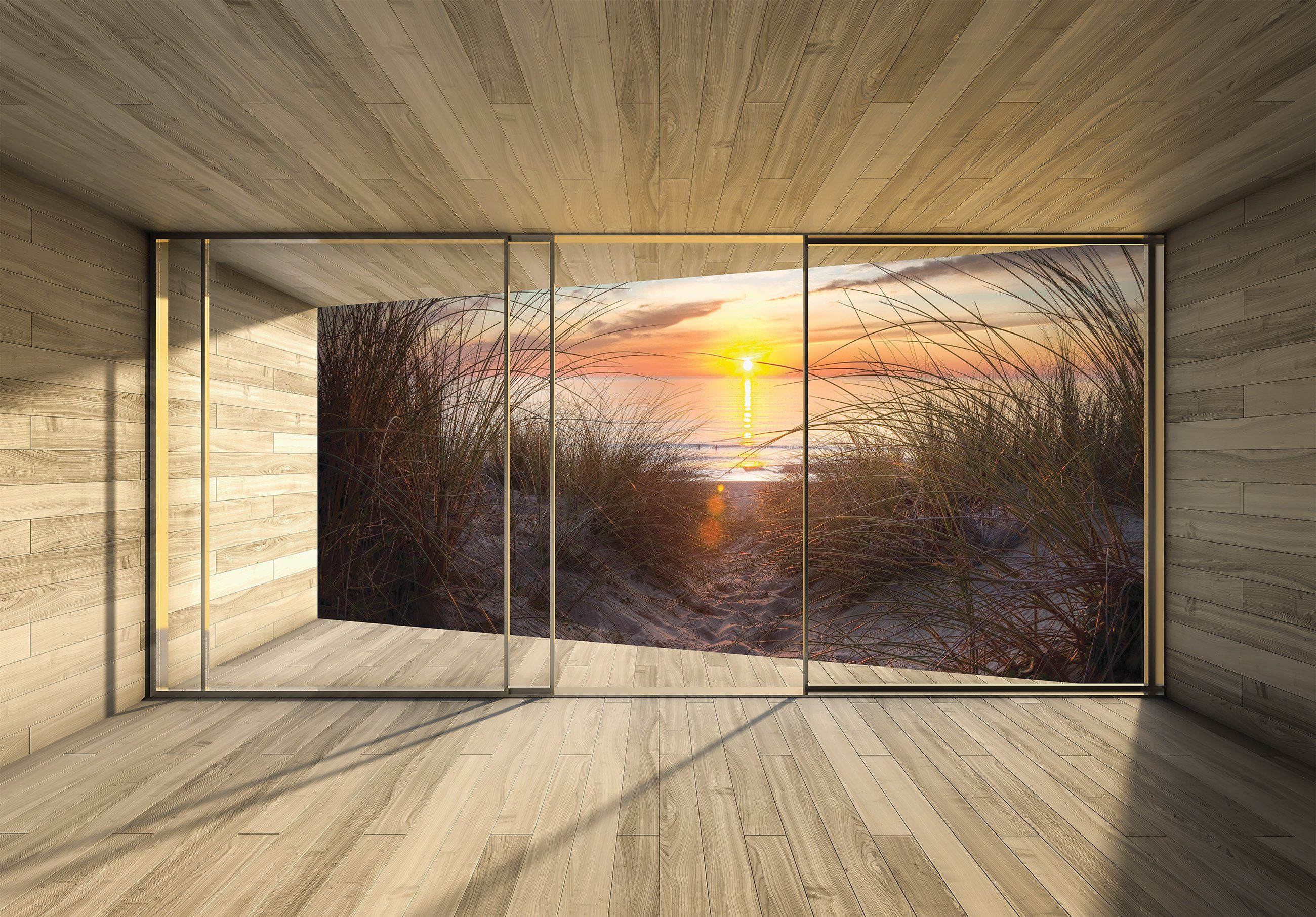 Wallarena Fototapete 3D EFFEKT Strand Meer Sand Terrasse Berge Panorama Natur Landschaft Fenster Vlies Tapete für Wohnzimmer oder Schlafzimmer Vliestapete Wandtapete Motivtapete, Glatt, 3D-Optik, Vliestapete inklusive Kleister