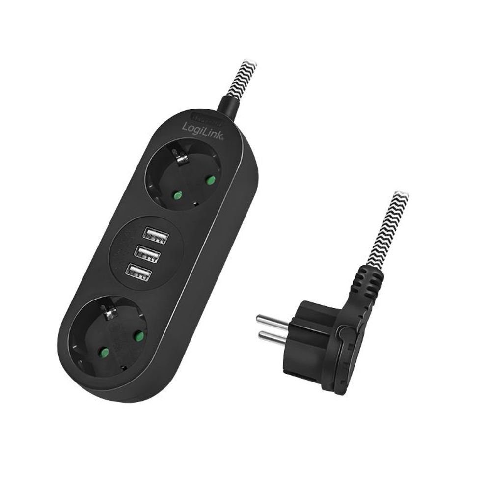 LogiLink LPS262U Steckdosenleiste 2-fach (USB-Anschlüsse, Schutzkontaktbuchse, Berührungsschutz, Kabellänge 1.5 m), 3x USB-A Textilkabel schwarz Stromverteiler