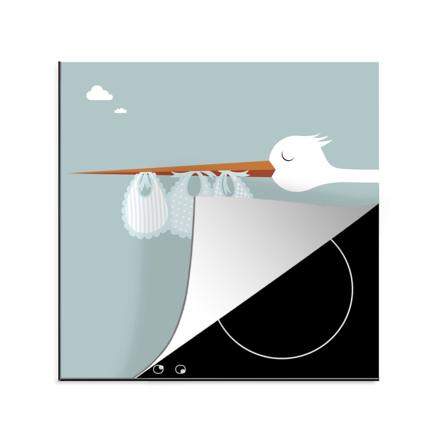 MuchoWow Herdblende-/Abdeckplatte Illustration eines Storchs mit Lätzchen, Vinyl, (1 tlg), 78x78 cm, Ceranfeldabdeckung, Arbeitsplatte für küche