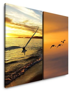 Sinus Art Leinwandbild 2 Bilder je 60x90cm Adler fliegende Vögel Meer Himmel Freiheit Sonnenuntergang Horizont