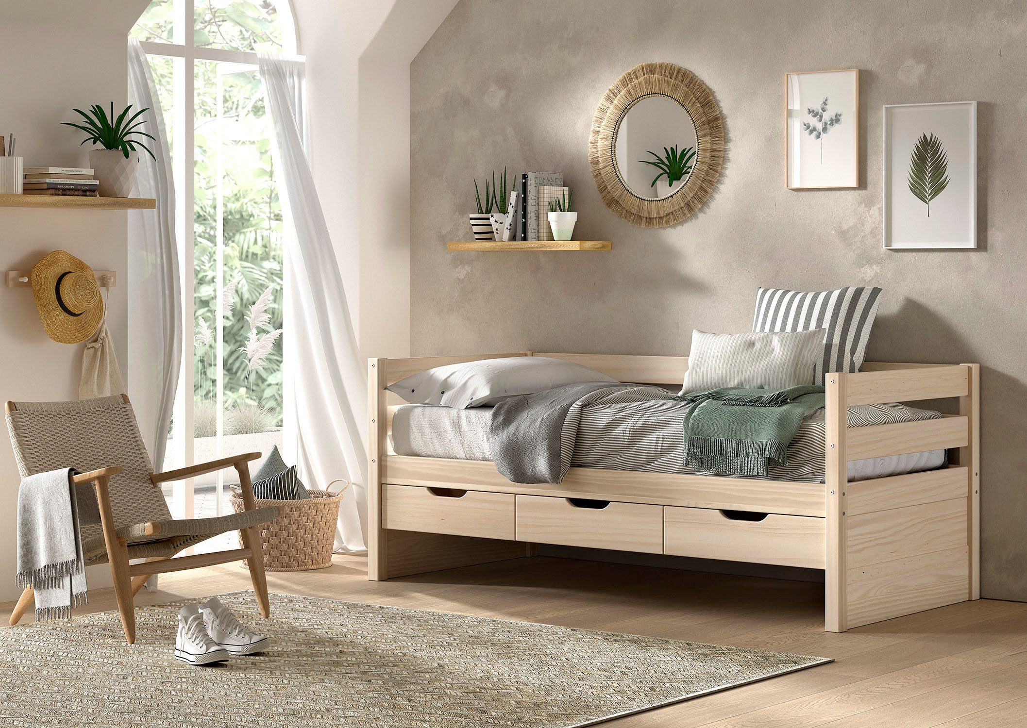 Vipack Funktionsbett Margrit, mit 3 Schubladen, zeitloses Design universell einsetzbar, stabiles Massivholzbett, wahlweise in 2 Farben erhältlich