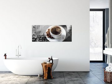 Pixxprint Glasbild Tasse Kaffee mit Bohnen und Croissant B&W Detail, Tasse Kaffee mit Bohnen und Croissant B&W Detail (1 St), Glasbild aus Echtglas, inkl. Aufhängungen und Abstandshalter