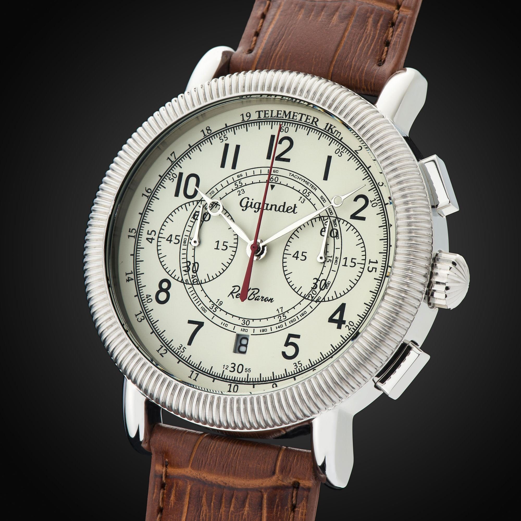 Gigandet Chronograph Armbanduhr, Herrenuhr, Fliegeruhr, 46mm, RED BARON IV G19-001, Mineralglas, Datumsanzeige, Lederband, 10bar/100m wasserdicht