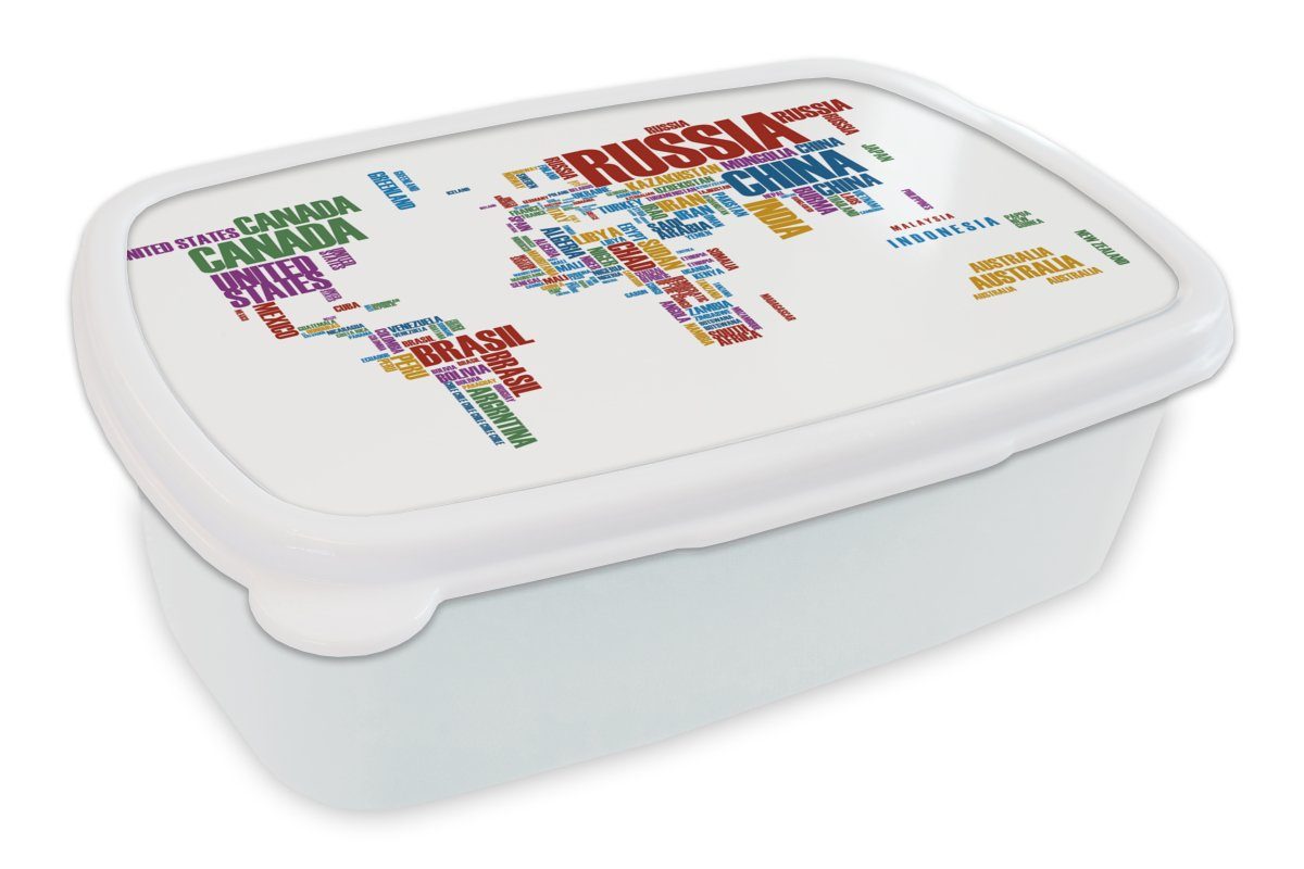 MuchoWow Lunchbox Weltkarte - Buchstaben - Farben - Kinder - Mädchen, Kunststoff, (2-tlg), Brotbox für Kinder und Erwachsene, Brotdose, für Jungs und Mädchen weiß