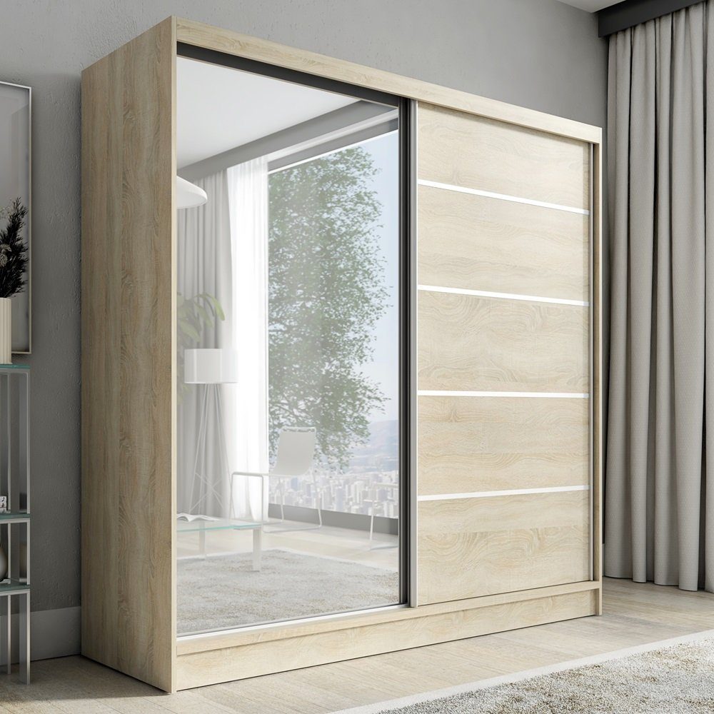 A&J MöbelLand GmbH Schiebetürenschrank NERO 200 cm mit Spiegel drei Schubladen (TOP ANGEBOT! Geräumiger Schrank mit einer Breite von 200 cm und Spiegel, ideal zur Aufbewahrung von Kleidung und Accessoires. 3 Schubladenund viel Stauraum. TOP PRODUKT! Wählen Sie das ideale Modell für Ihr Schlafzimmer!, Inclusive 3 Schubladen) Breite: 200 cm, Höhe: 215 cm, Tiefe: 59,5 cm