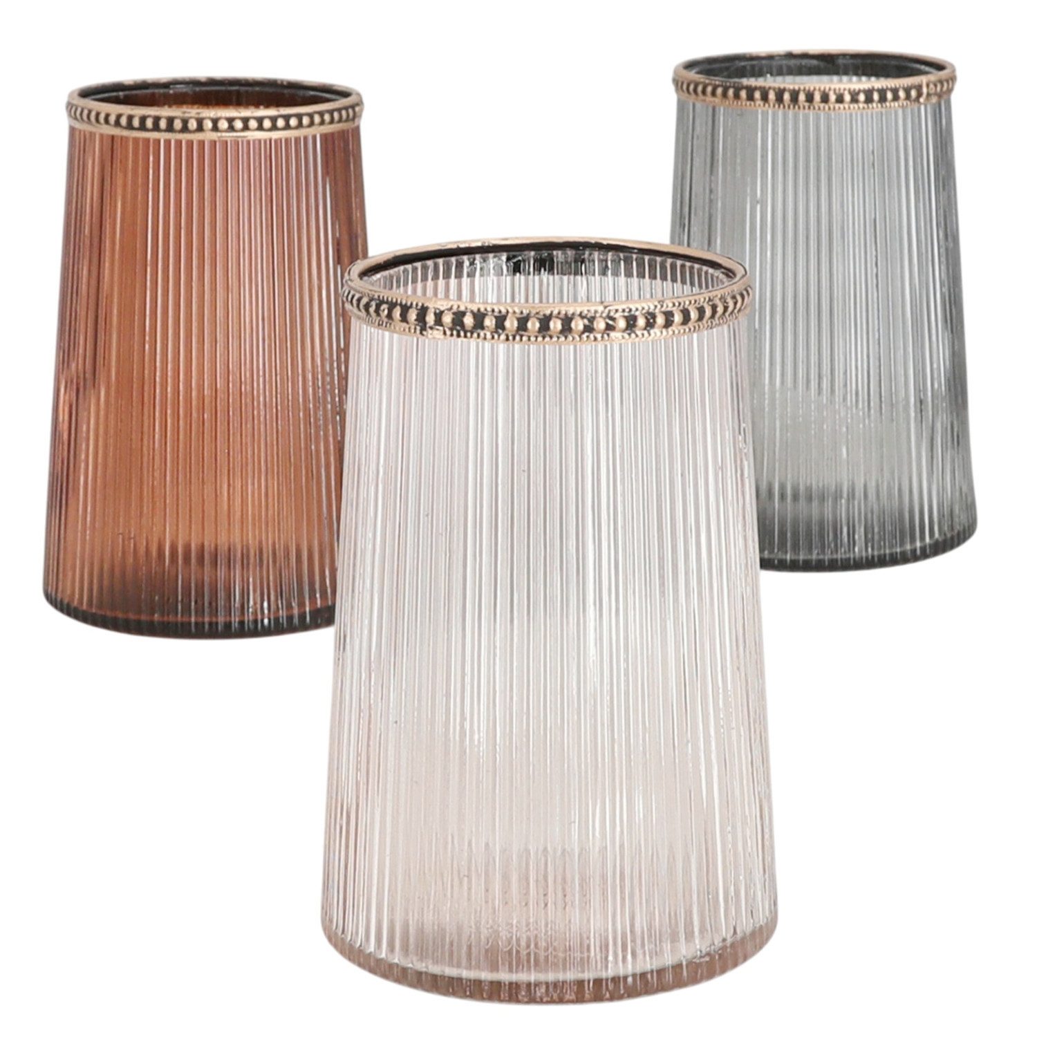 Macosa Home Windlicht 3er Set Glas Metall Braun, Rosé Grau moderne Teelichthalter (Teelicht-Halter Kerzenständer Tischvase, 3 St., Tischdekoration Kerzenhalter), Deko Glaswindlicht Vase