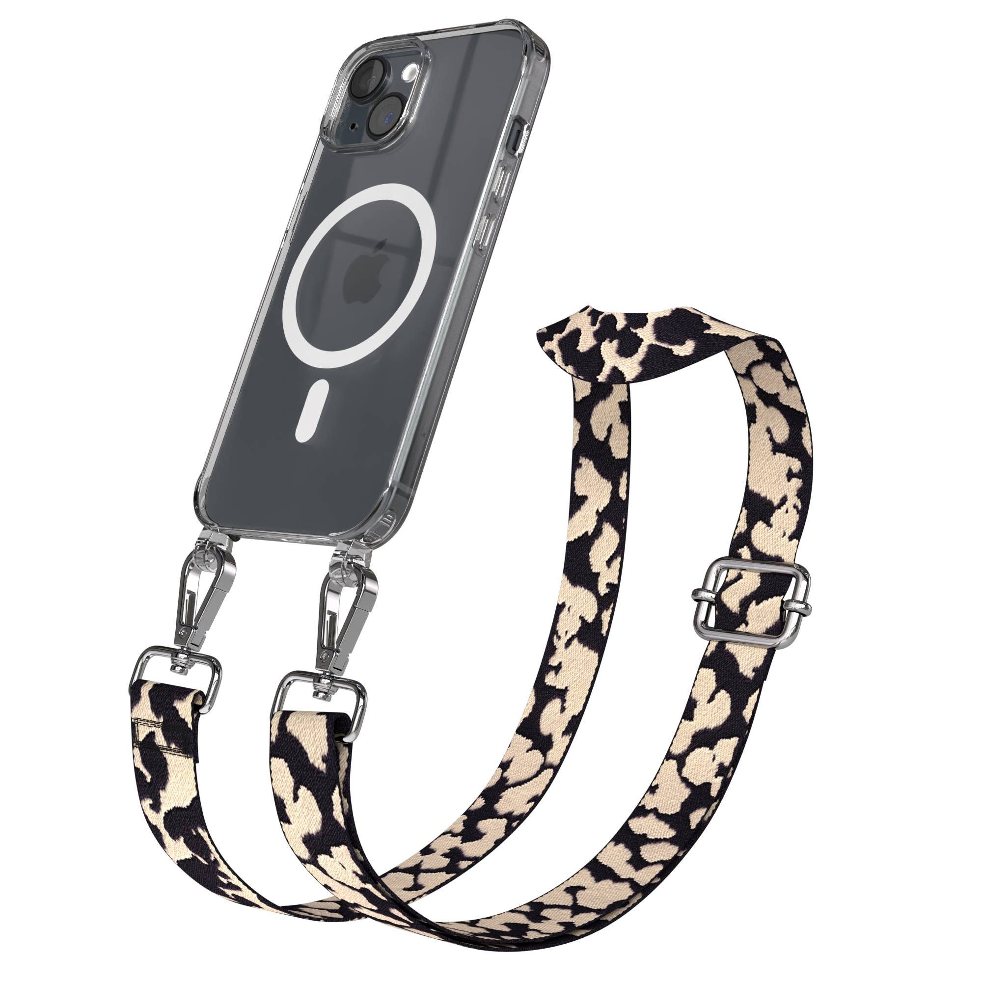 EAZY CASE Handykette Umhängeband MagSafe Hülle für Apple iPhone 15 6,1 Zoll, Hülle mit MagSafe Handykette Camouflage Alltags Crossbody Taupe
