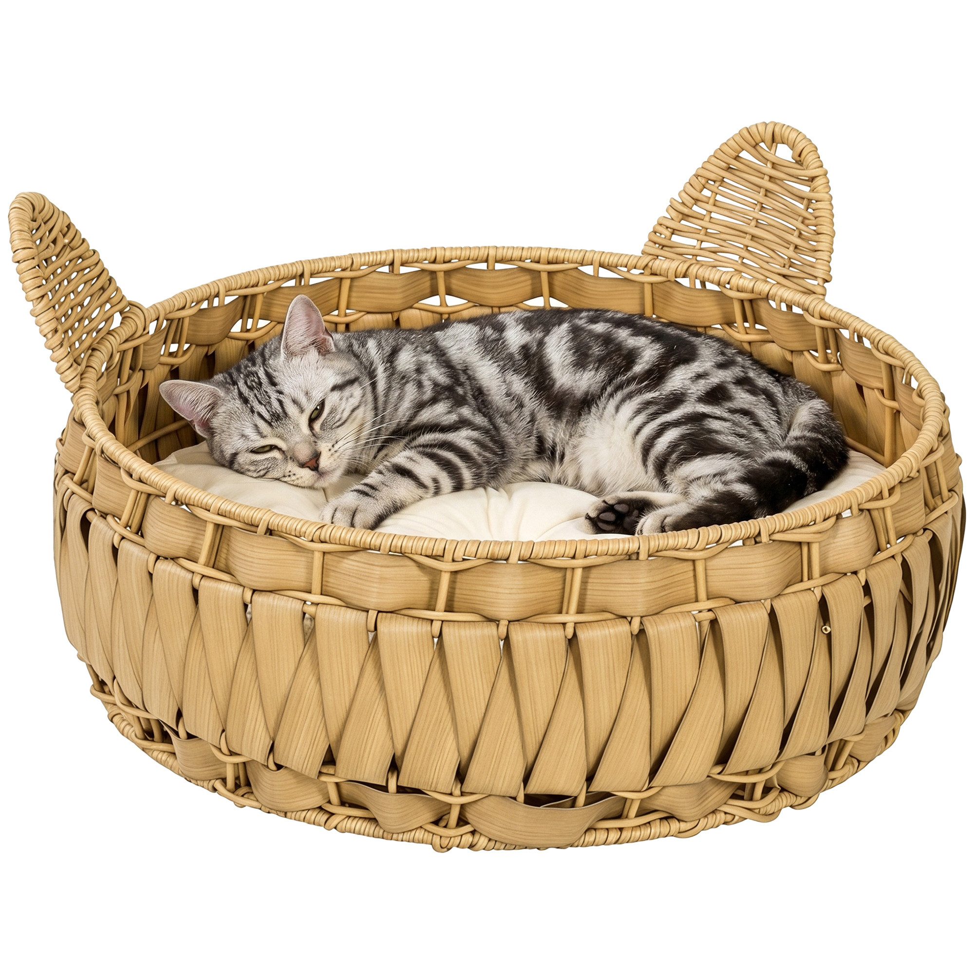 PawHut Tierhaus Katzenbett Rattan Katzenhöhle mit abnehmbares Kissen, für Katzen bis 10 kg, 50 x 50 x 25 cm, Hellbraun