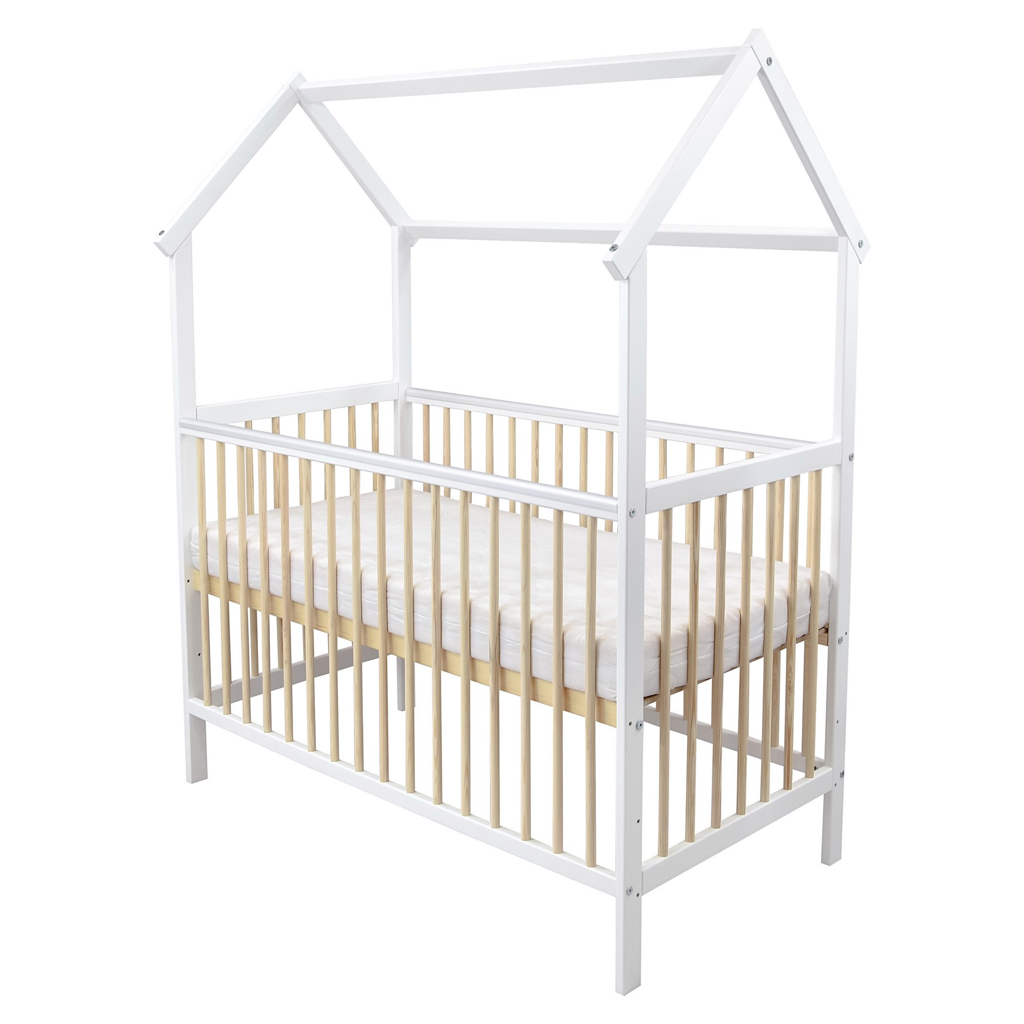 Baby-Delux Komplettbett Hausbett Babybett Kiefer weiß Schutzgitter, Kinderbett 60x120 cm weiß Kiefer