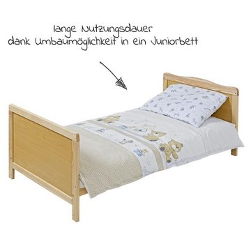 jonka Babybett Leni - Spielbär - Natur, Set inkl. Bettwäsche, Himmel & Matratze 70x140 cm mit Schlupfsprossen