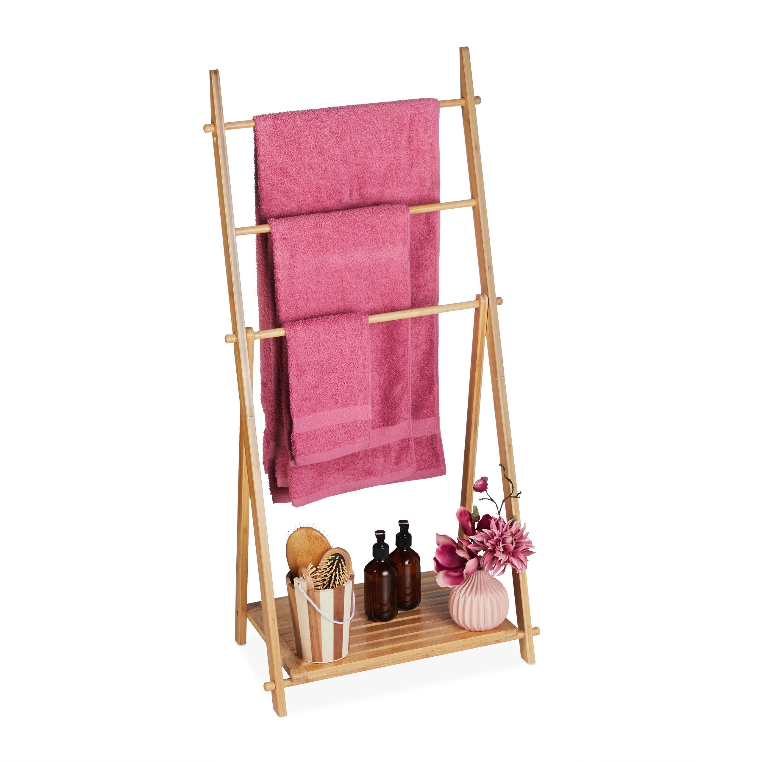 relaxdays Handtuchhalter Bambus Handtuchleiter mit Ablage