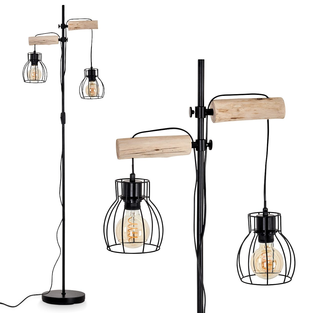 hofstein Stehlampe »Aprica« Vintage Stehleuchte aus Metall/Holz in Schwarz/Natur, ohne Leuchtmittel, E27, Bodenleuchte in Gitter-Optik m. An-/Ausschalter