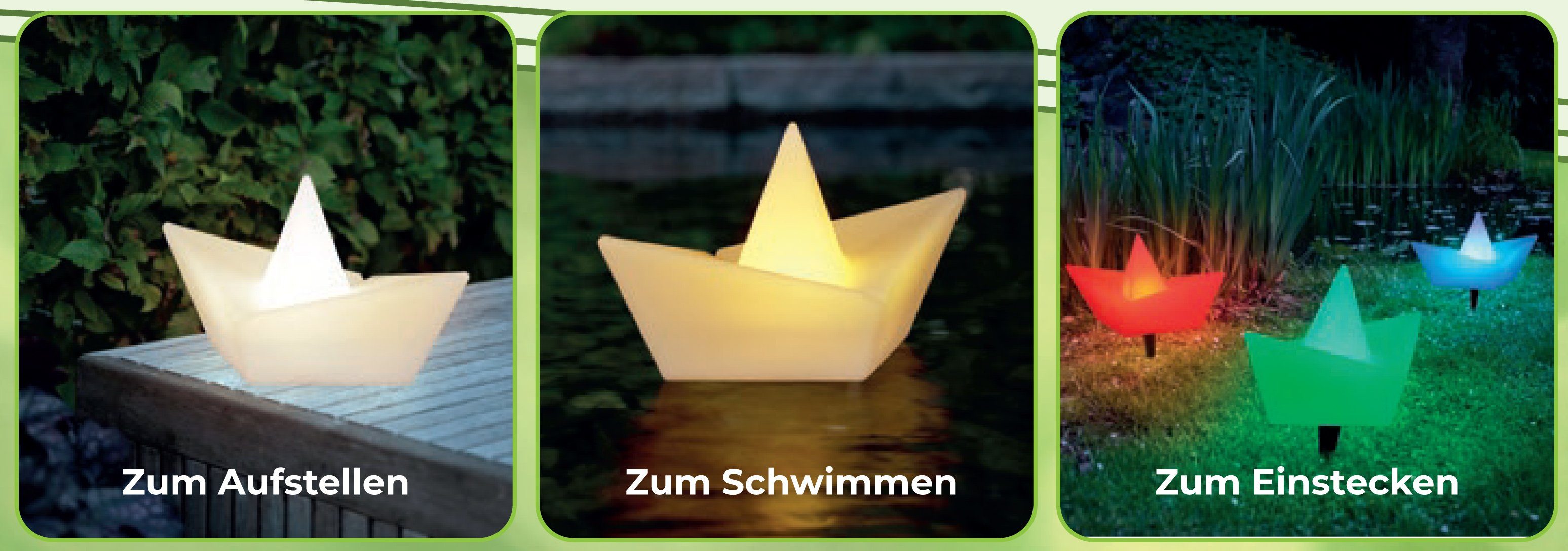 inkl. RGBW Solar IC und integriert, Erdspieß bunt), mit Schwimmleuchte fest RGBW Schiffchen schwimmfähig, Solarleuchte (warm-weiß Dämmerungssensor, Farbwechsel), Origami-Stil, und LED bunt Gardenstyle IP65, automatischen LED (warm-weiß im LED