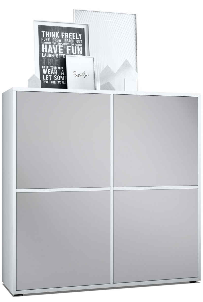 Vladon Highboard Cuba (Schrank, 104 x 105,5 x 35,5 cm Sideboard mit 8 Fächern), Korpus in Weiß matt / Fronten in Hellgrau seidenmatt