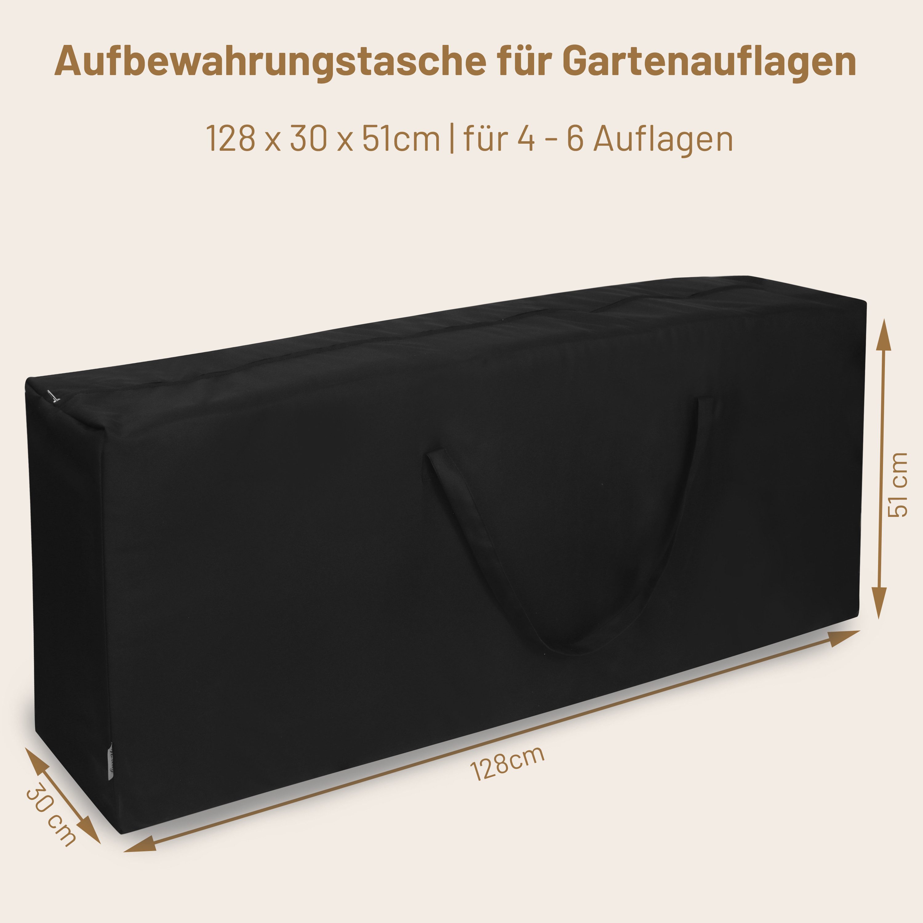 Herlag Gartenmöbel-Schutzhülle Polstertasche für Gartenauflagen (4-6 Stk), Hoch- & Niedriglehner, wetterfest & UV-beständig, 128×30×51cm, Schwarz