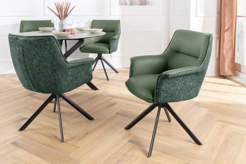 riess-ambiente Drehstuhl LE GRAND grün – Echtleder, Strukturstoff, 180° drehbar, mit Armlehne (Einzelartikel, 1 St), mit Metallgestell & Auto-Return-Funktion – ideal für Deinen Esstisch