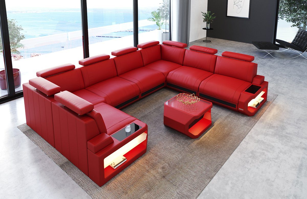 Ledersofa, und Leder Wohnlandschaft USB LED-Beleuchtung Sofa mit Ledersofa Wohnlandschaft Siena Dreams Sofa U Couch Form U-Form