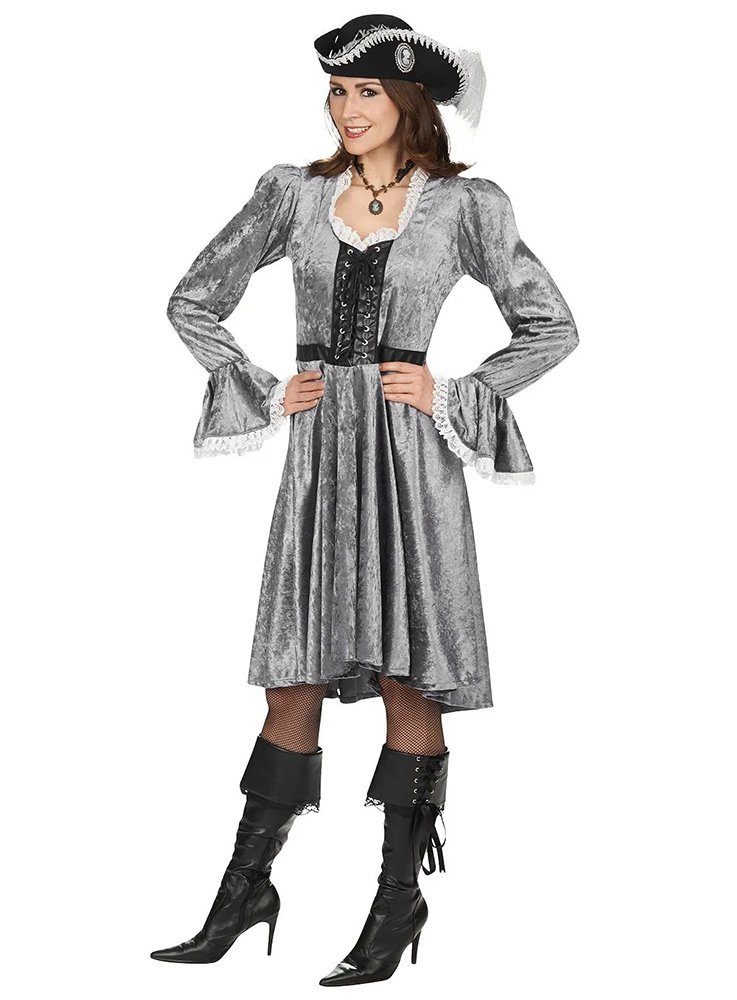 Metamorph Piraten-Kostüm Graue Piratin Kostüm, Opulentes Piratenkleid aus grauem Samtstoff