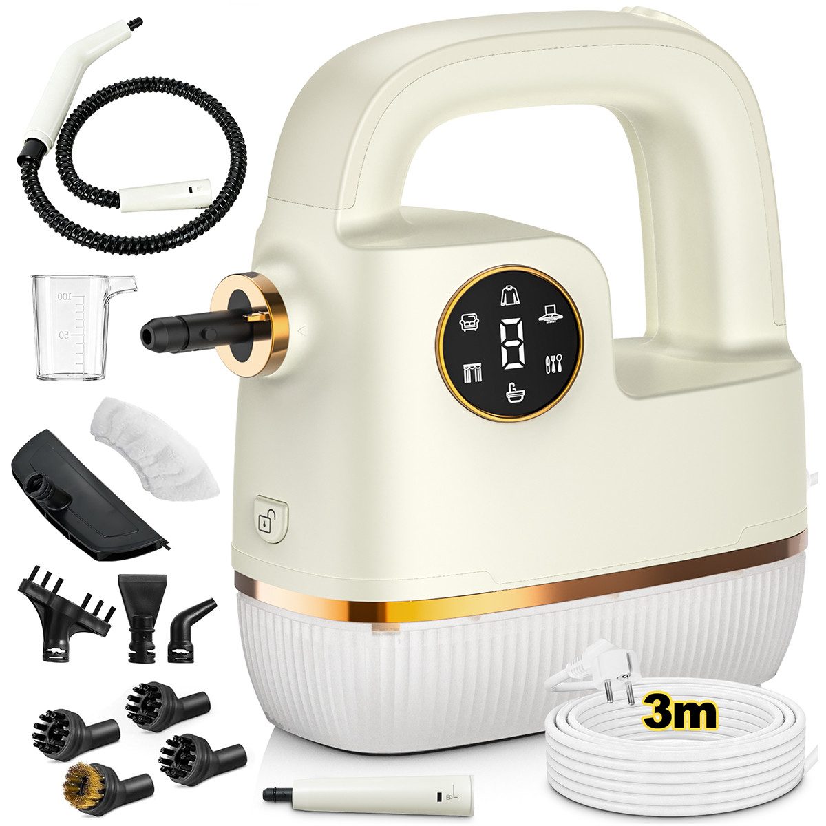 Welikera Dampfreiniger 1800 W Hochdruck- & Hochtemperaturdampf mit Abnehmbar Wassertank, Ein-Knopf-Bedienung,Großes Zubehör-Set,Doppelwandiger Dampfschläuche