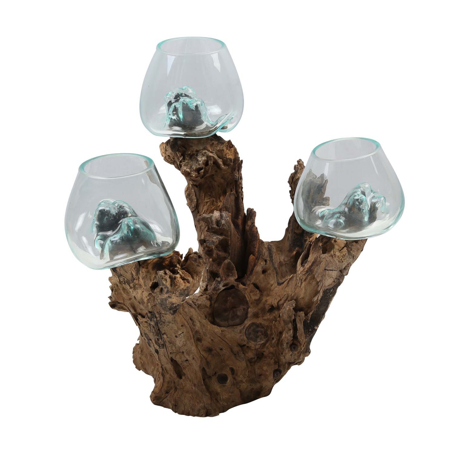 Dekovase Drei Glasvasen 12 cm auf Wurzelholz