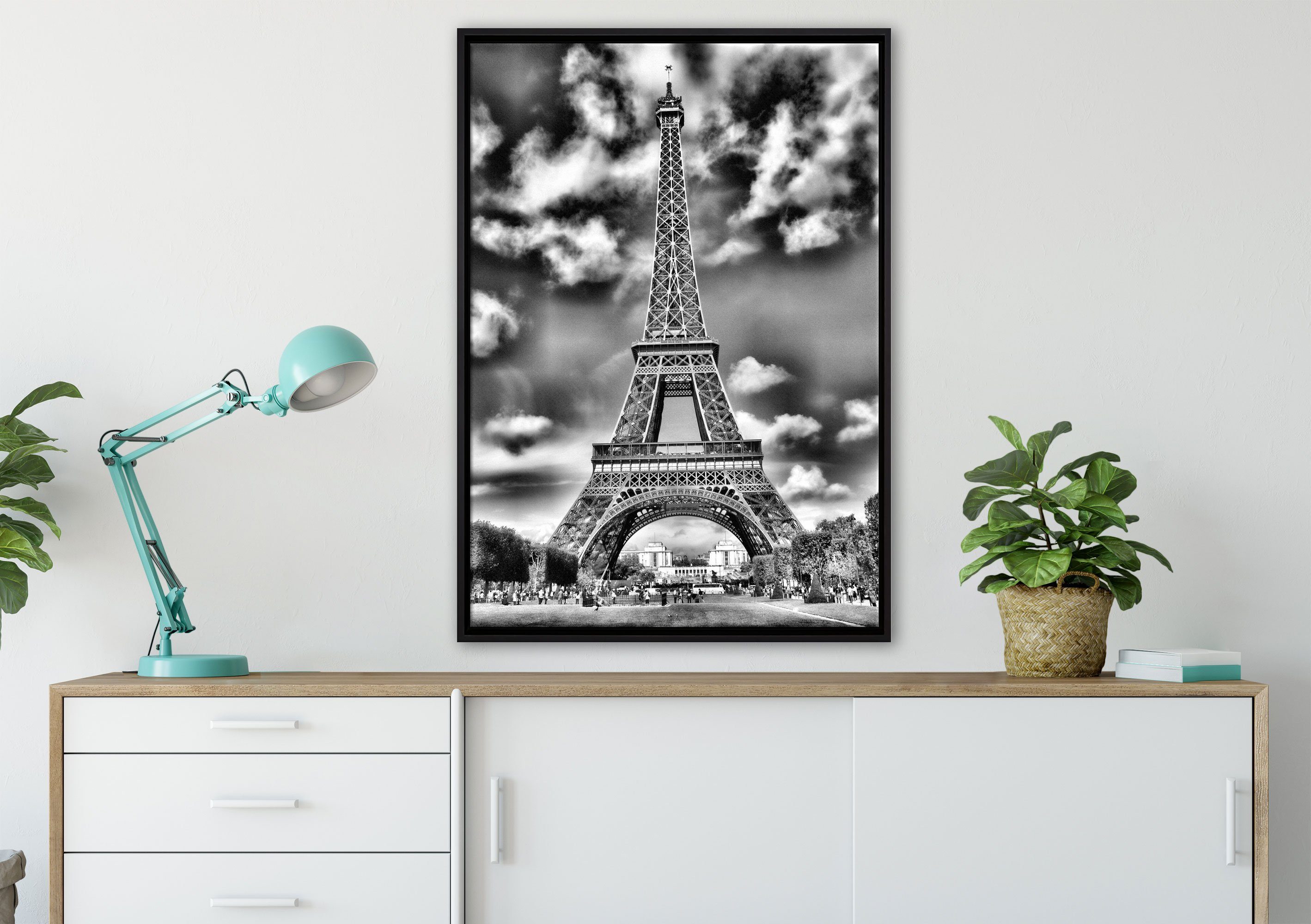 Pixxprint Leinwandbild Eifelturm Paris, Wanddekoration (1 Leinwandbild fertig in einem gefasst, Zackenaufhänger inkl. bespannt, St), Schattenfugen-Bilderrahmen